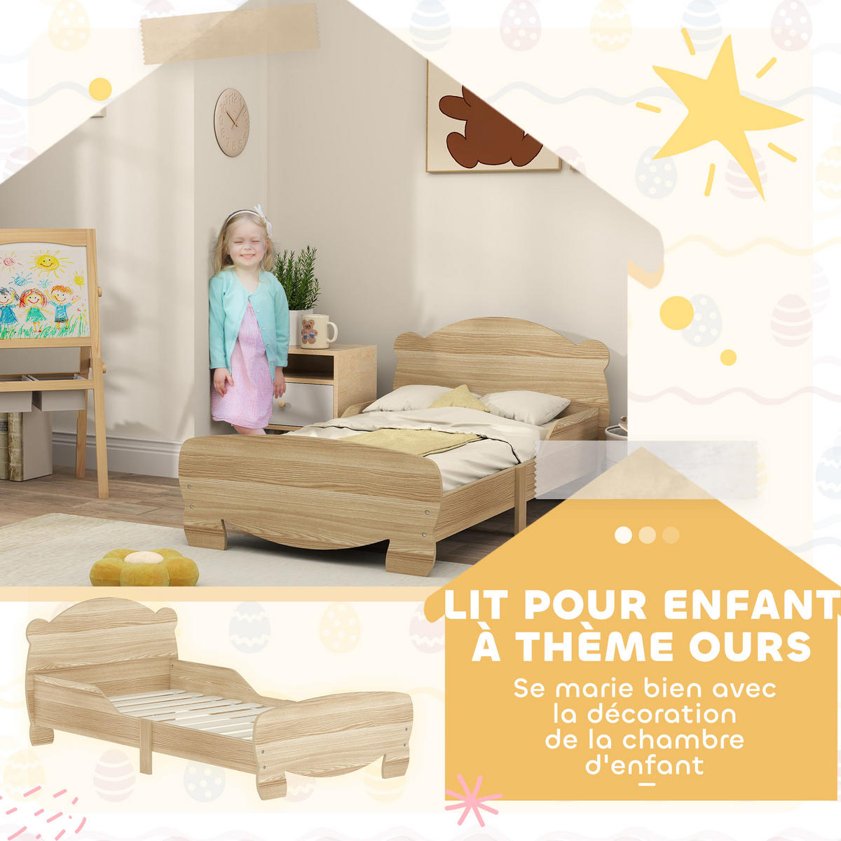 KINDERBETT 70x140 cm DE-14597 mit Bären-Motiv und Sicherheitsbarrieren Naturholz - Naturfarben, Holzwerkstoff (70/140cm) - ComfortXL