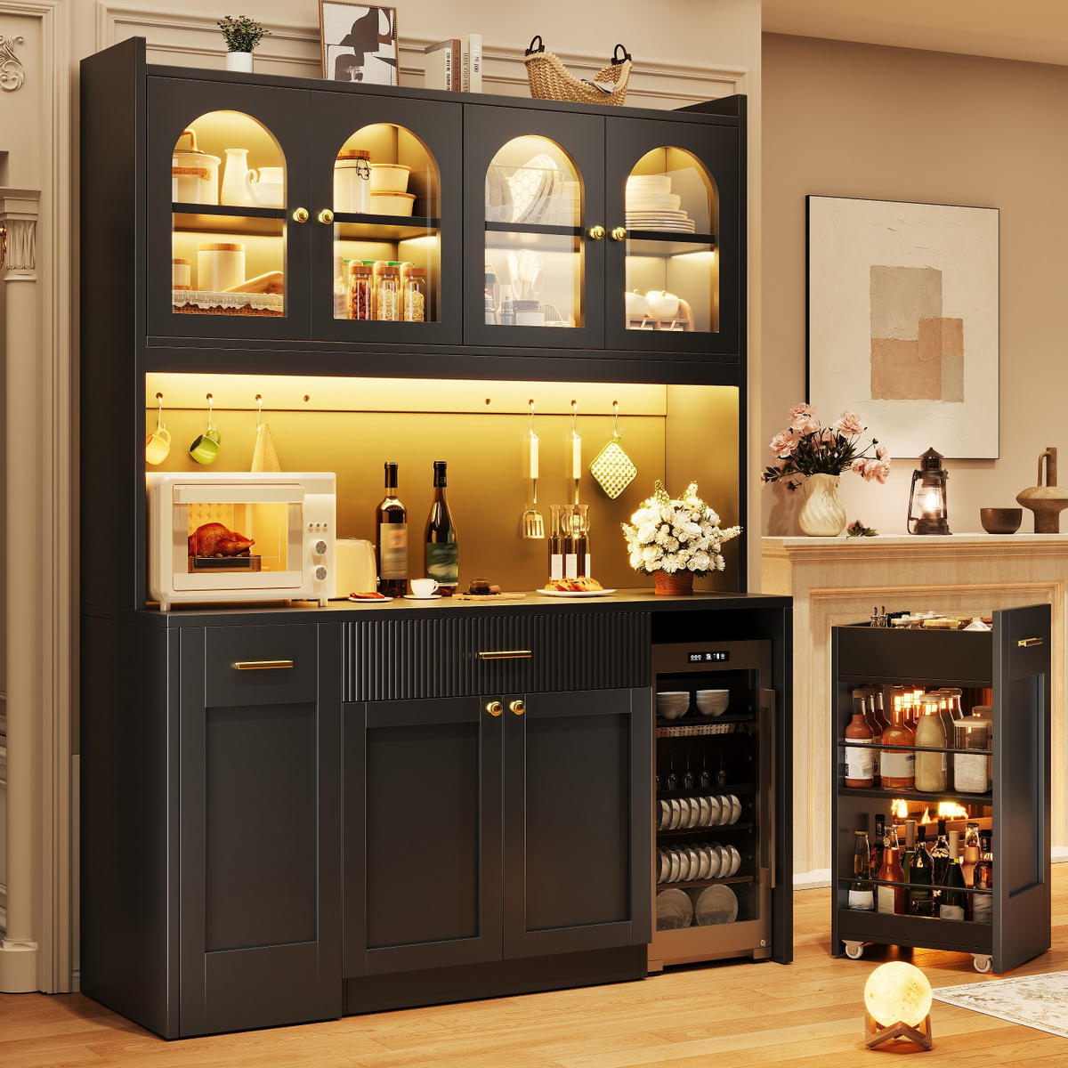 KÜCHENSCHRANK 120/187/40 cm, MDF, Schwarz, MIT RGB-LED BELEUCHTUNG, APP-STEUERUNG, für Küche und Esszimmer - Schwarz, Holzwerkstoff (40/187/120cm) - Rolipo