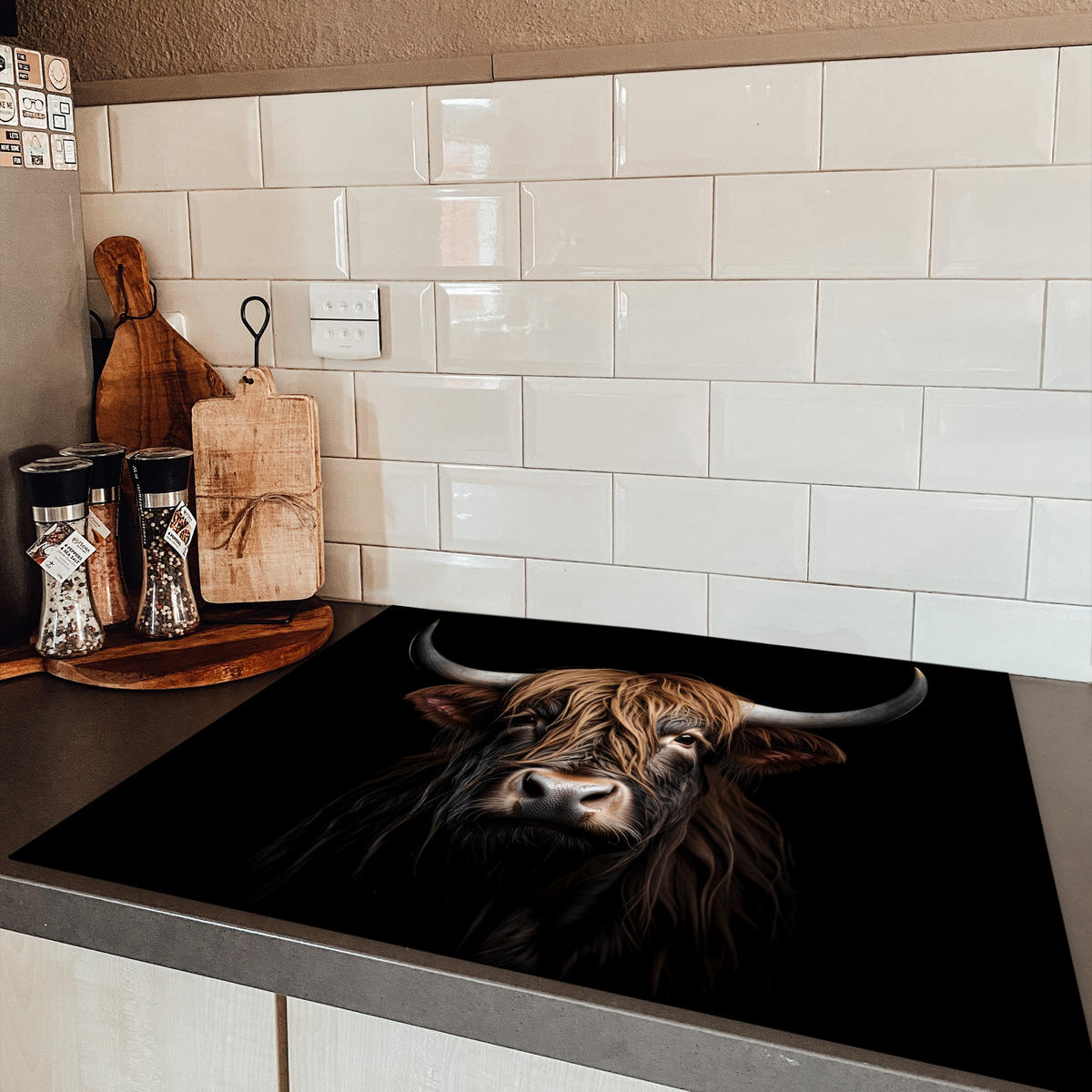 HERDABDECKPLATTE Schottischer Highlander - Porträt - Schwarz - Tier Induktionsmatte 77x59 cm - Braun, Kunststoff (77/59/0.2cm) - MuchoWow