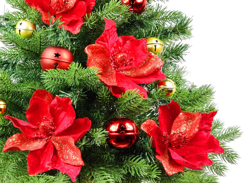 WEIHNACHTSBAUM künstlicher 60 cm mit LED-Beleuchtung, GLÖCKCHEN, mit 28 Weihnachtsbaumschmuck, Pflanztopf mit Jutesack - Rot/Goldfarben, Kunststoff/Stein (40/60cm) - LAALU