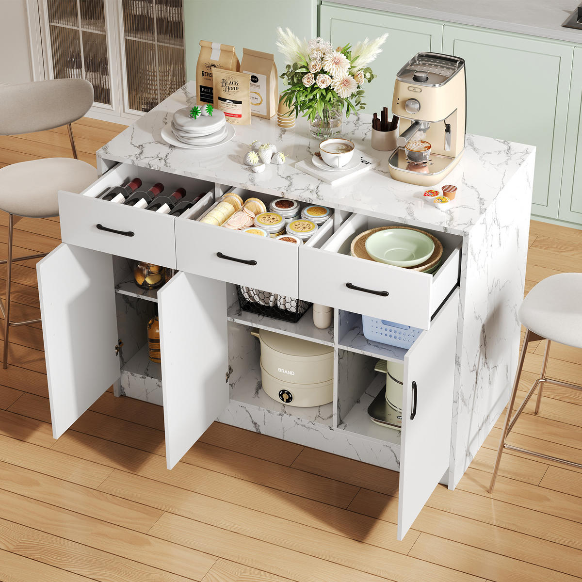 KÜCHENINSEL 120x60x90.5cm Weiß Marmoroptik mit Barbereich,3 Schubladen & Schränken - Weiß, Holzwerkstoff (120/90.5/60cm) - Modfu