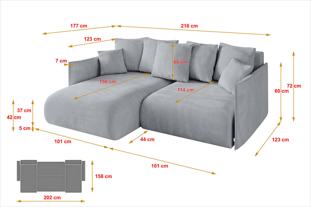 ECKSOFA Ottomane links ONESK-L 216x177x72 Hellgrau Velours - Titanfarben/Hellgrau, Holzwerkstoff/Kunststoff (216/177cm) - ALTDECOR