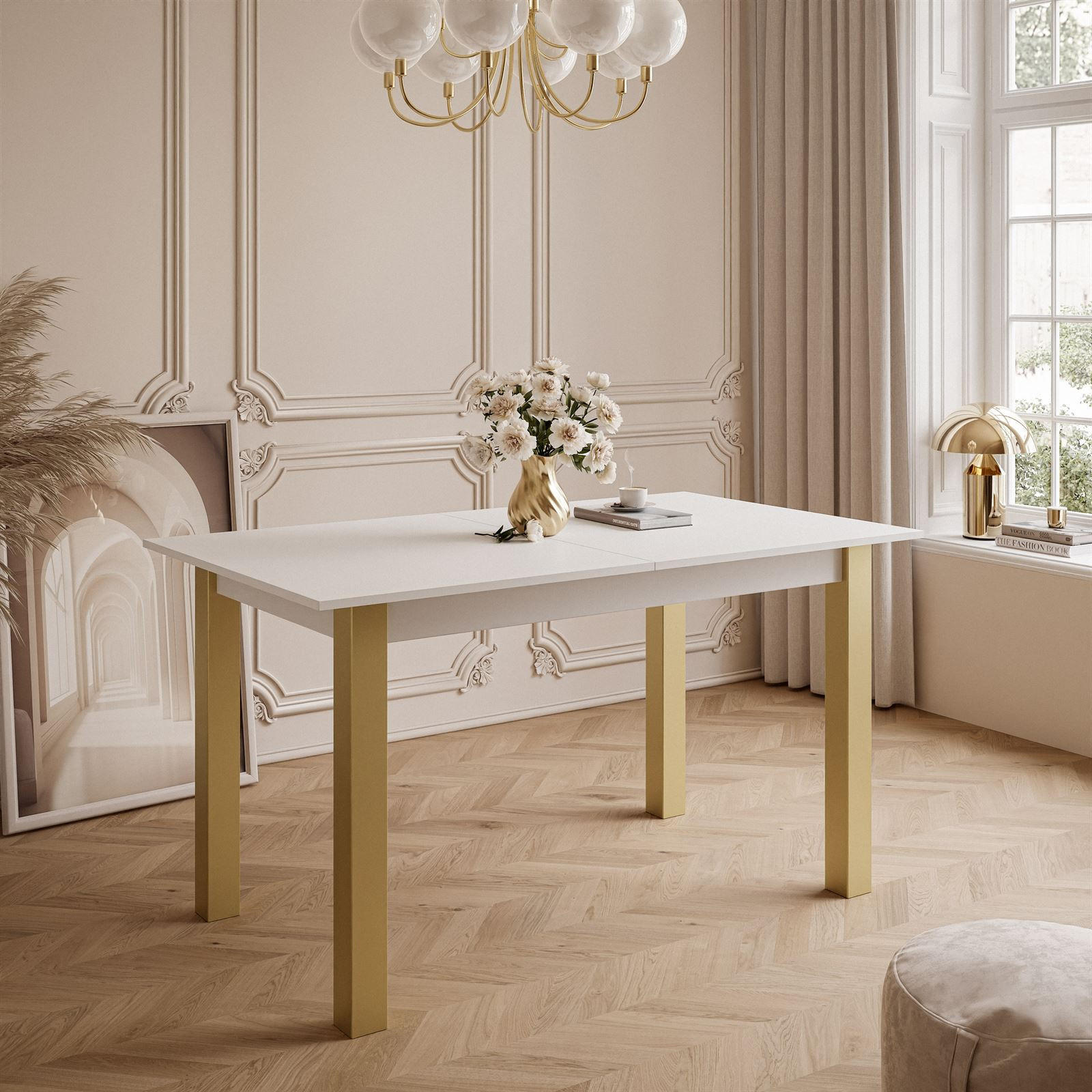 ESSTISCH ARTON GOLD ausziehbarer Tisch 140-195 cm Klapptisch Wohnzimmer - Goldfarben/Weiß, Holzwerkstoff/Metall (140/80/77cm) - Lookway