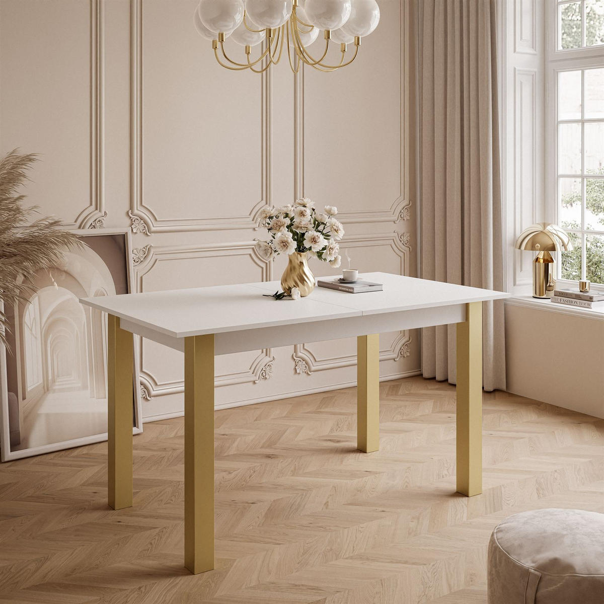ESSTISCH ARTON GOLD ausziehbarer Tisch 140-195 cm Klapptisch Wohnzimmer - Goldfarben/Weiß, Holzwerkstoff/Metall (140/80/77cm) - Lookway