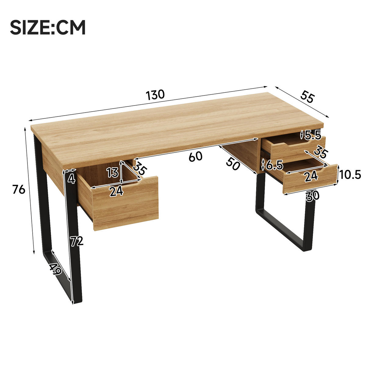 SCHREIBTISCH Holzfarben und Schwarz 130/55/76 cm mit 3 Schubladen - Schwarz, Holzwerkstoff (55/130/76cm) - PANGIVO
