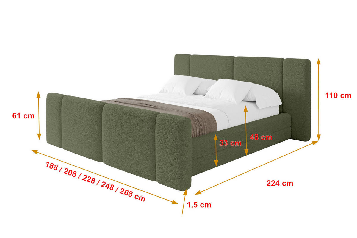 POLSTERBETT mit Bettkasten, Fußteil und Lattenrost, Bett mit Matratze H3/H4 - TEVO-Z 160x200 Grün - Olivgrün, Holzwerkstoff/Textil (160/200cm) - ALTDECOR