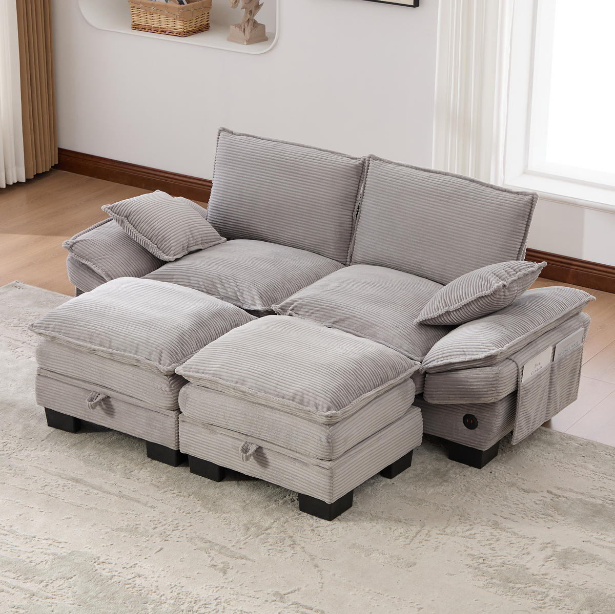 SOFA modular 2-Sitzer mit 2 Hockern Corduroy Light Gray - Hellgrau, Holzwerkstoff (132/84/190cm) - Meubliv