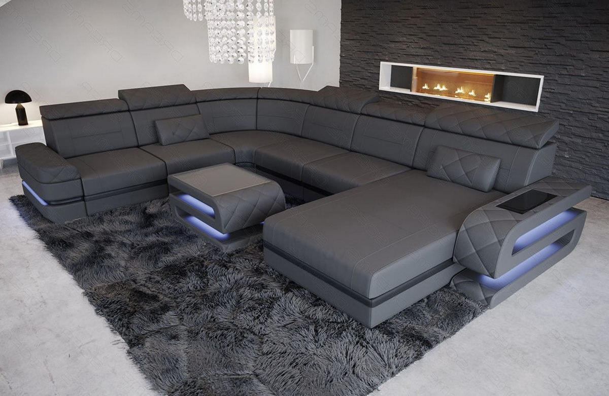 WOHNLANDSCHAFT Bologna Grau Schwarz Echtleder - Grau, Leder (397/89/299cm)
