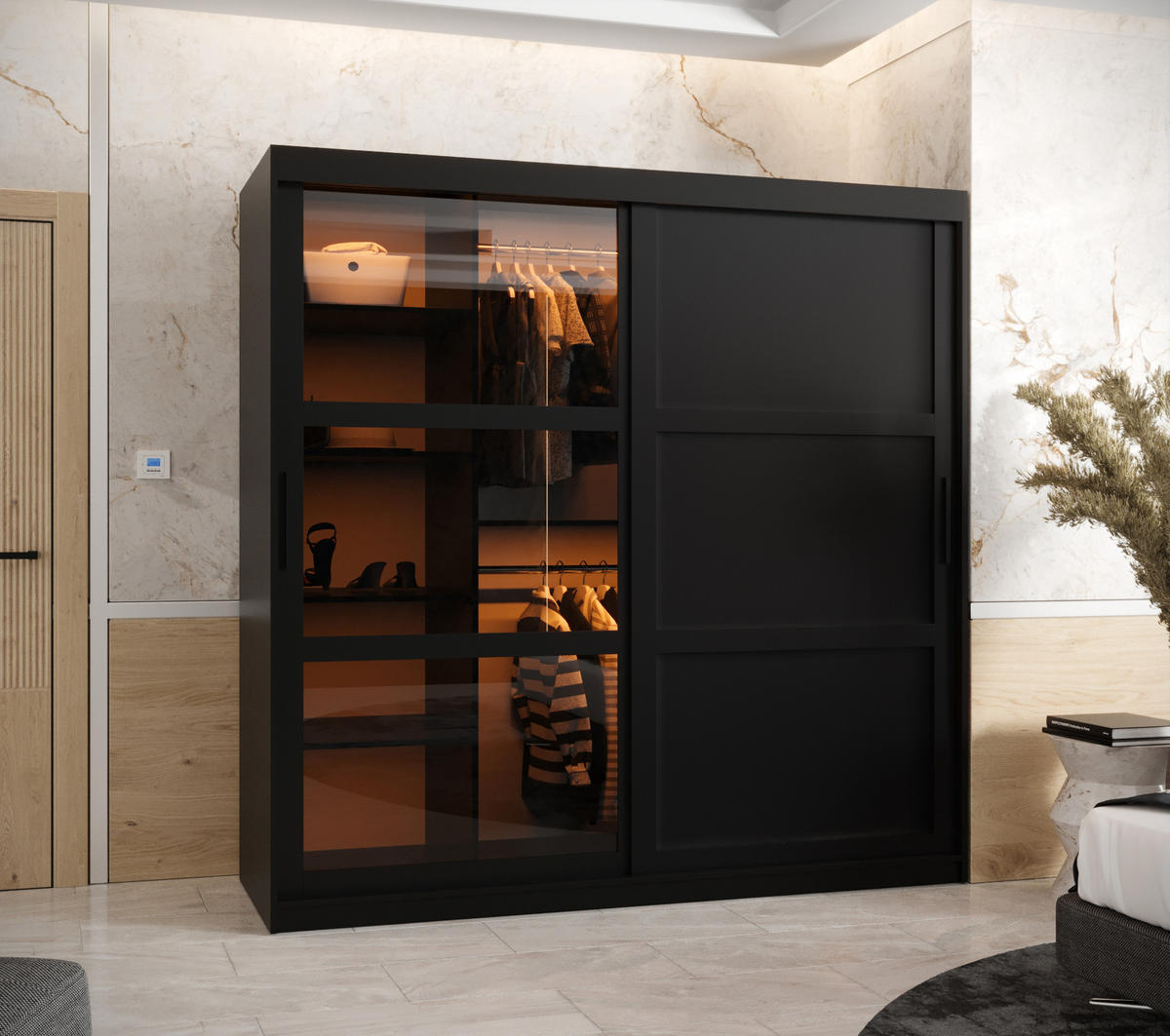 SCHWEBETÜRENSCHRANK 200/180/62 2-türig - Schwarz, Holz/Kunststoff (180/200/62cm) - Abiks Möbel