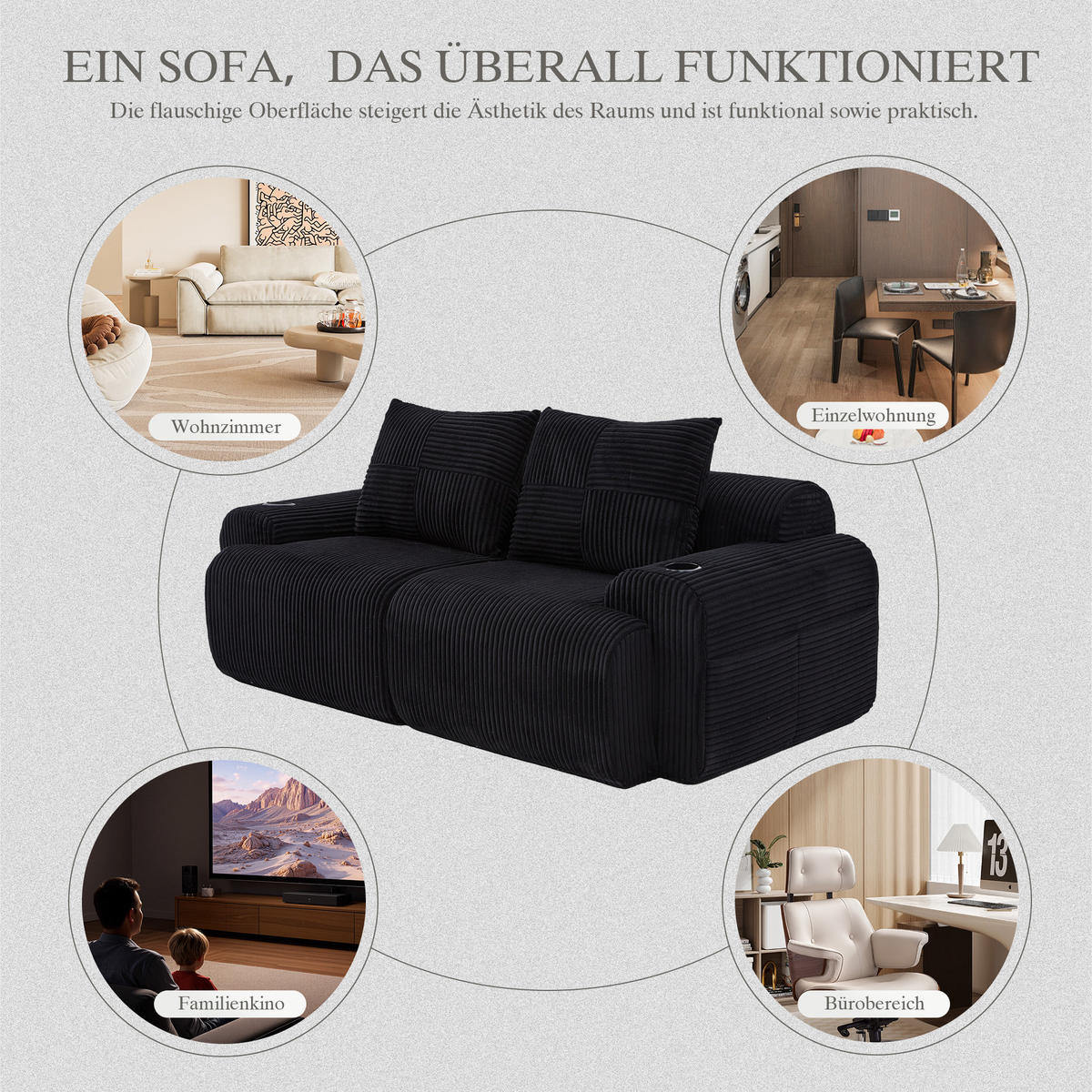 2-SITZER Cordsofa modular mit Getränkehalter und Seitentasche 200/99/80 cm Schwarz - Schwarz, Textil (99/80/200cm) - Redom