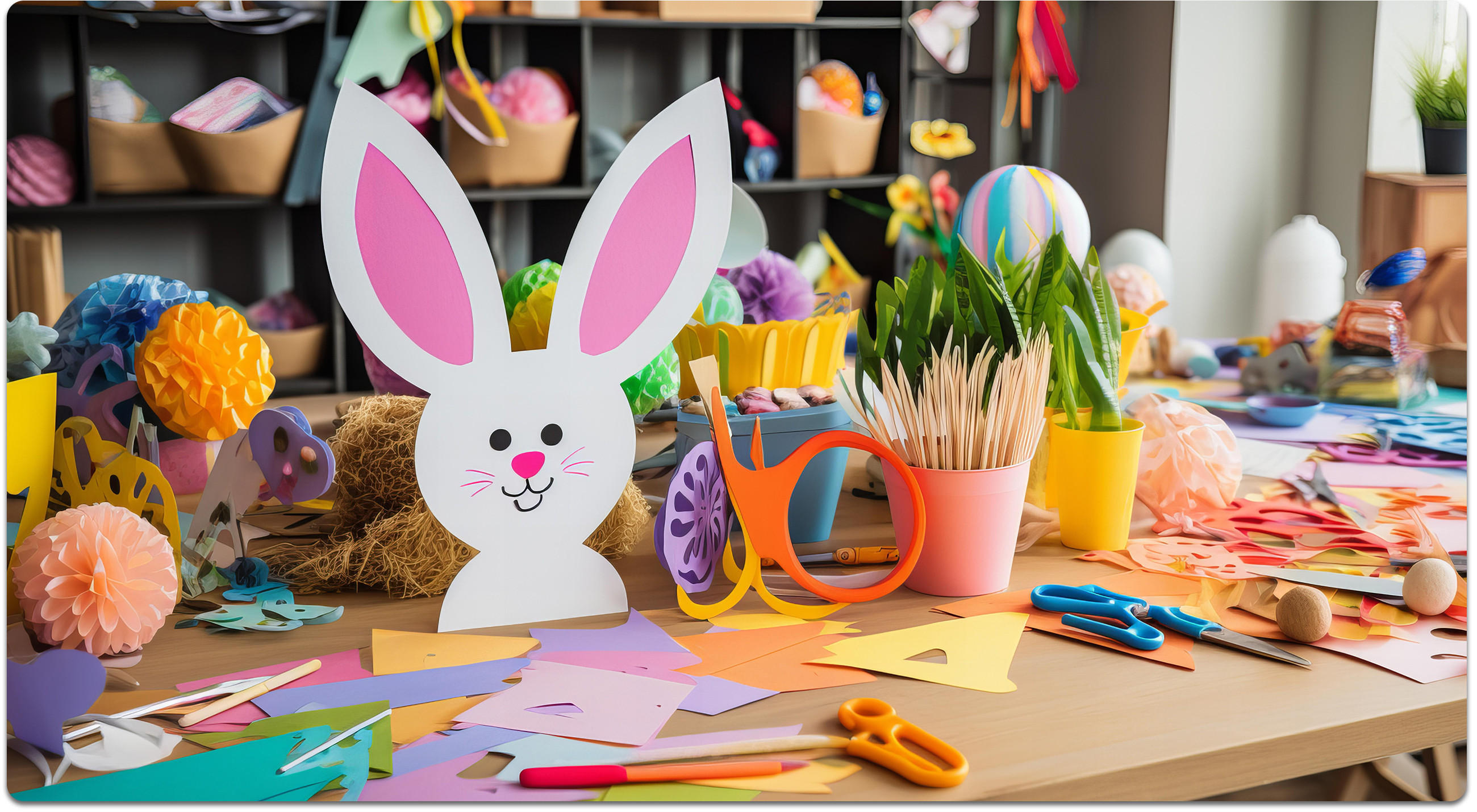 Bastelraum mit Osterthema: auf einem Tisch stehen eine große Papier-Hasenfigur und viele Bastelmaterialien wie buntes Papier, Scheren und Deko.