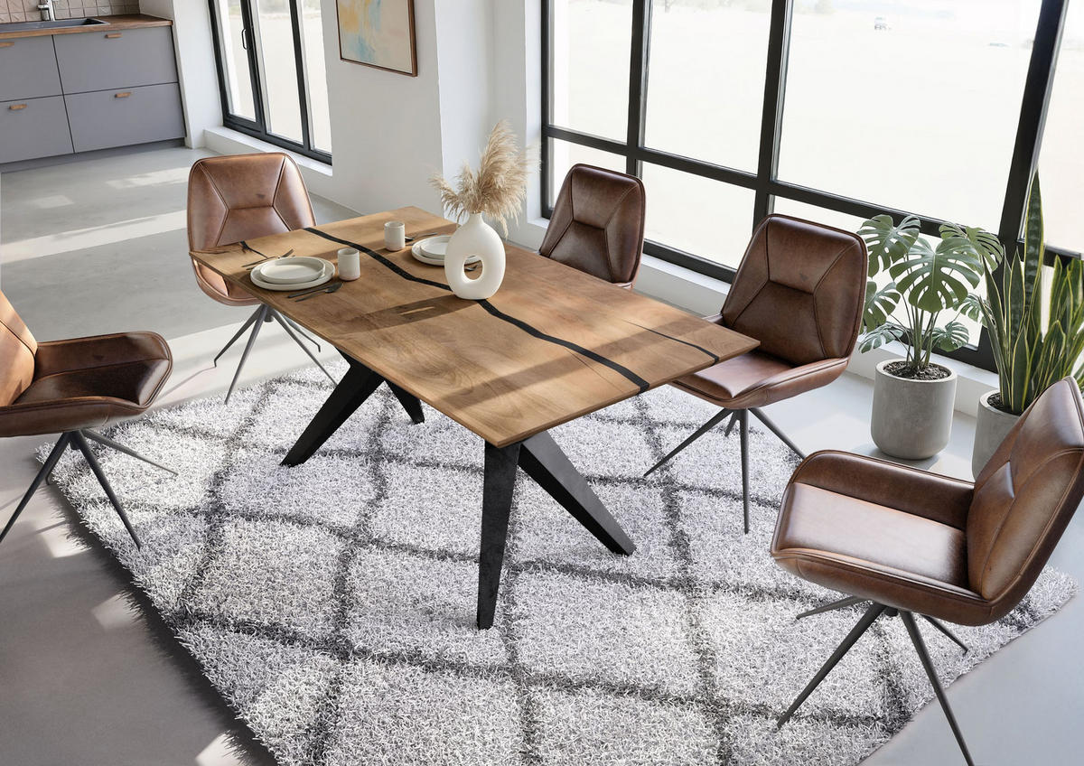 ESSTISCH Mango 160x90x76 natur lackiert / Epoxid schwarz, Sterngestell anthrazit matt EPOXY - Braun, Holz (90/160/76cm) - Massivmoebel24