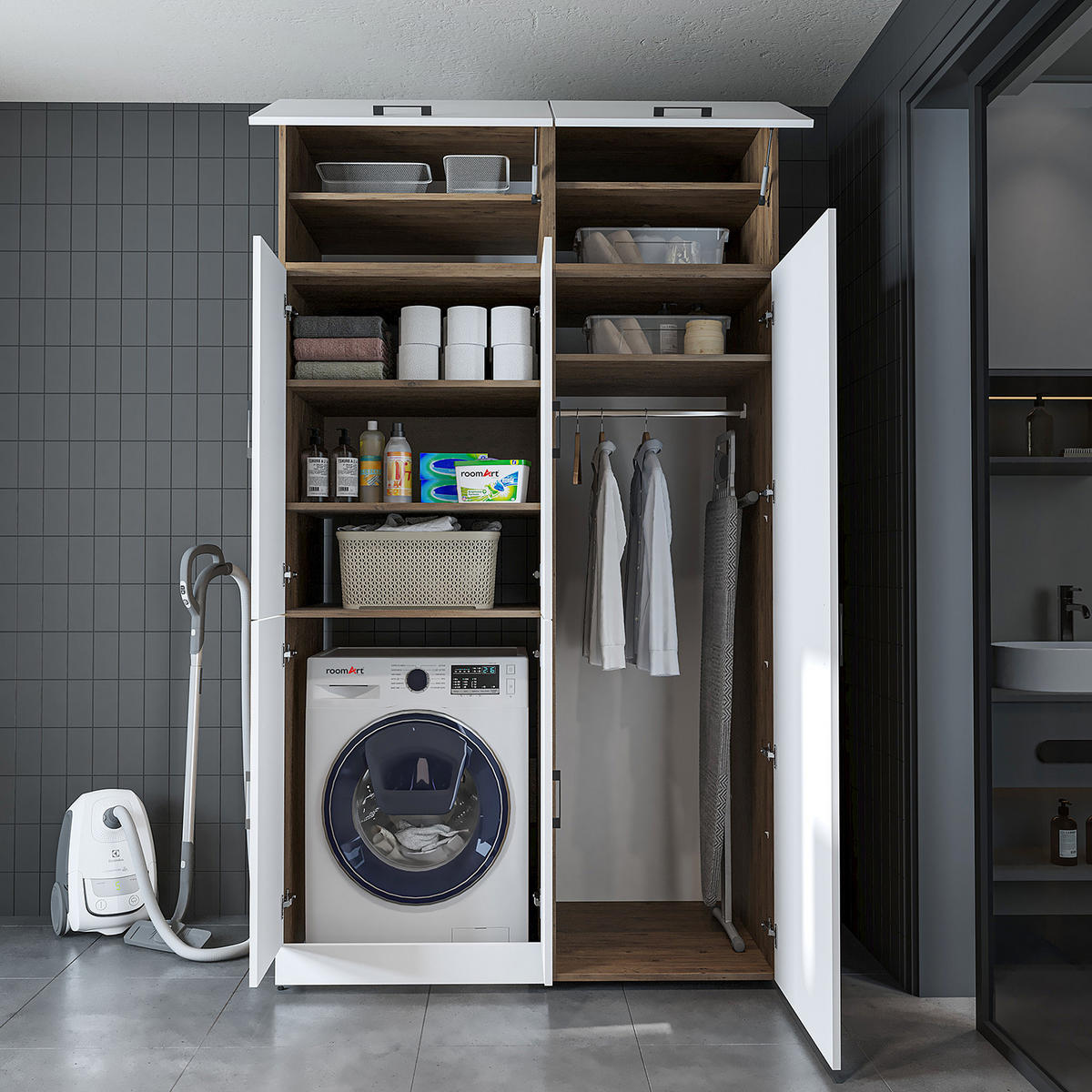 WASCHMASCHINENSCHRANK DORA-II 130cm Breit, 230cm Hoch - Eiche Bianco, Holzwerkstoff (130/230/73.8cm)