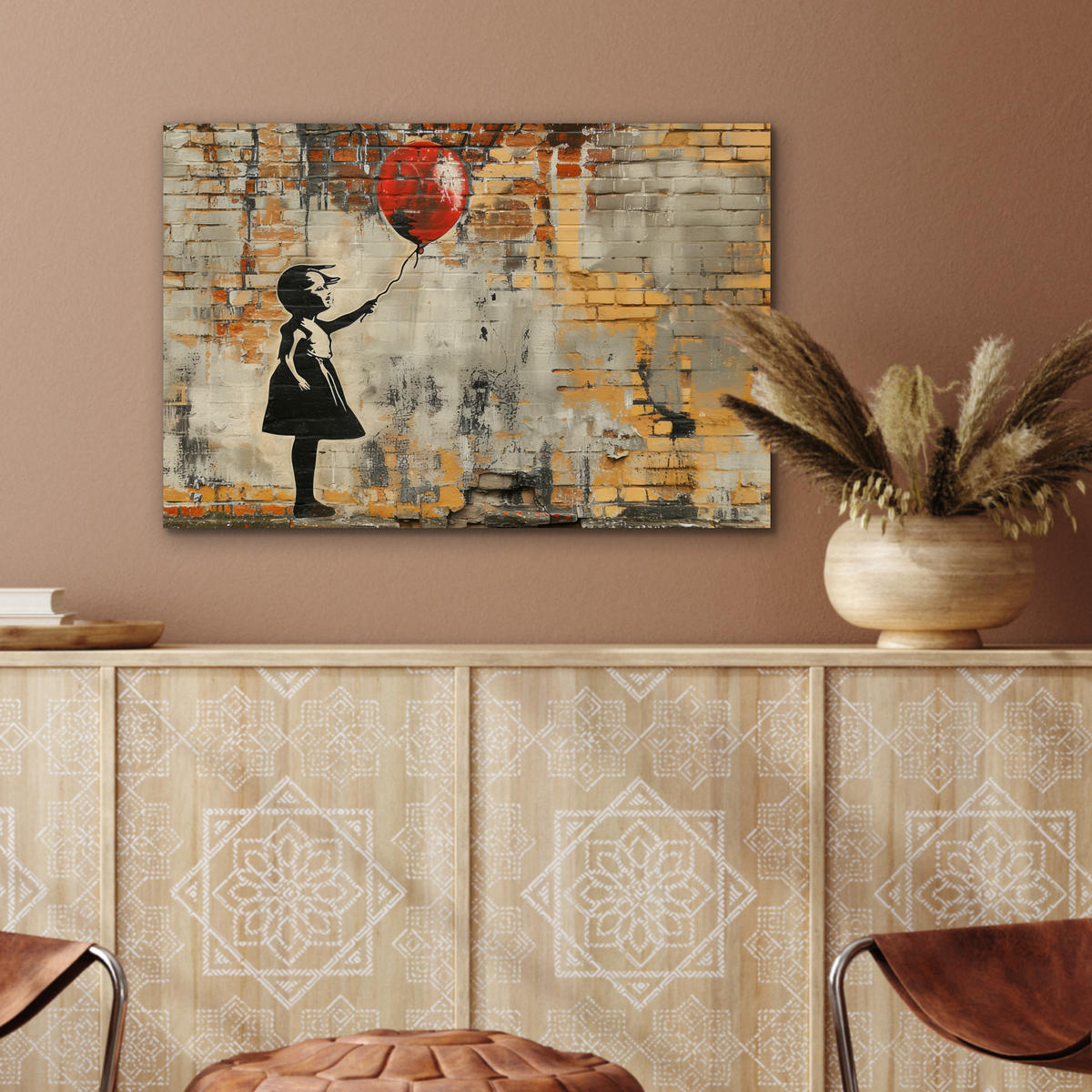 METALLBILD Graffiti - Banksy - Mädchen - Straßenkunst 60x40 cm - Sandfarben, Metall (60/40cm) - MuchoWow