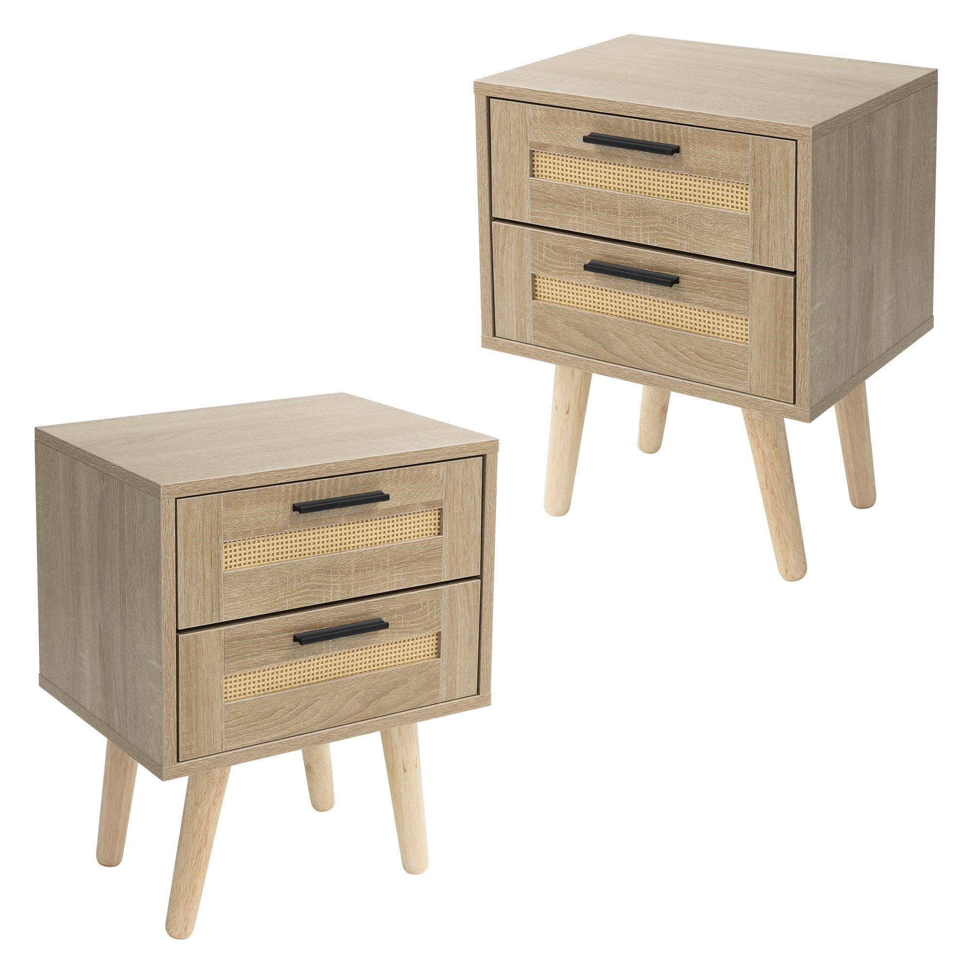 ML-DESIGN NOČNÍ stolek, sada 2 ks se 2 zásuvkami 40x50,5x30 cm, vzhled dubu, ratanová přední strana