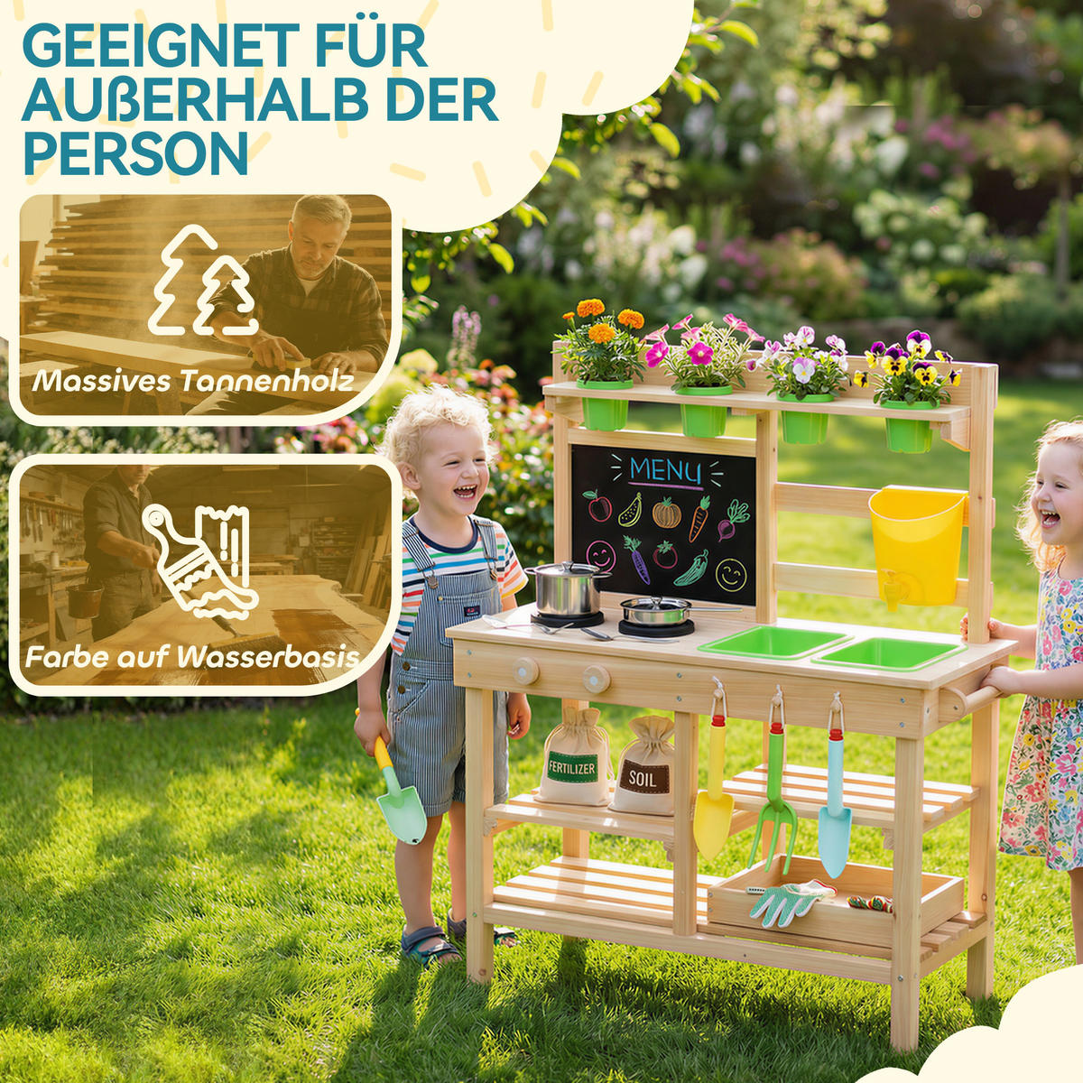 OUTDOOR-KINDER-MATSCHKÜCHE Tannenholz Kunststoff Naturholz - Naturfarben, Holz (32/77cm) - AIYAPLAY