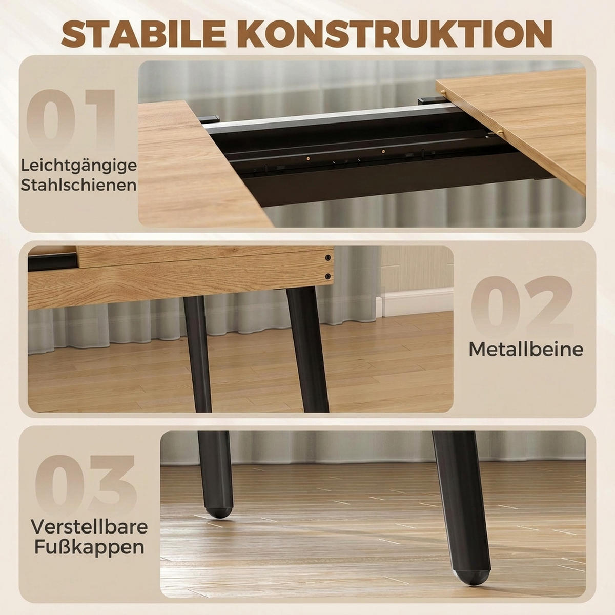 AUSZIEHBARER-ESSTISCH MDF Metall Eiche - Eichefarben/Schwarz, Holzwerkstoff/Metall (160/85/75cm) - HOMCOM