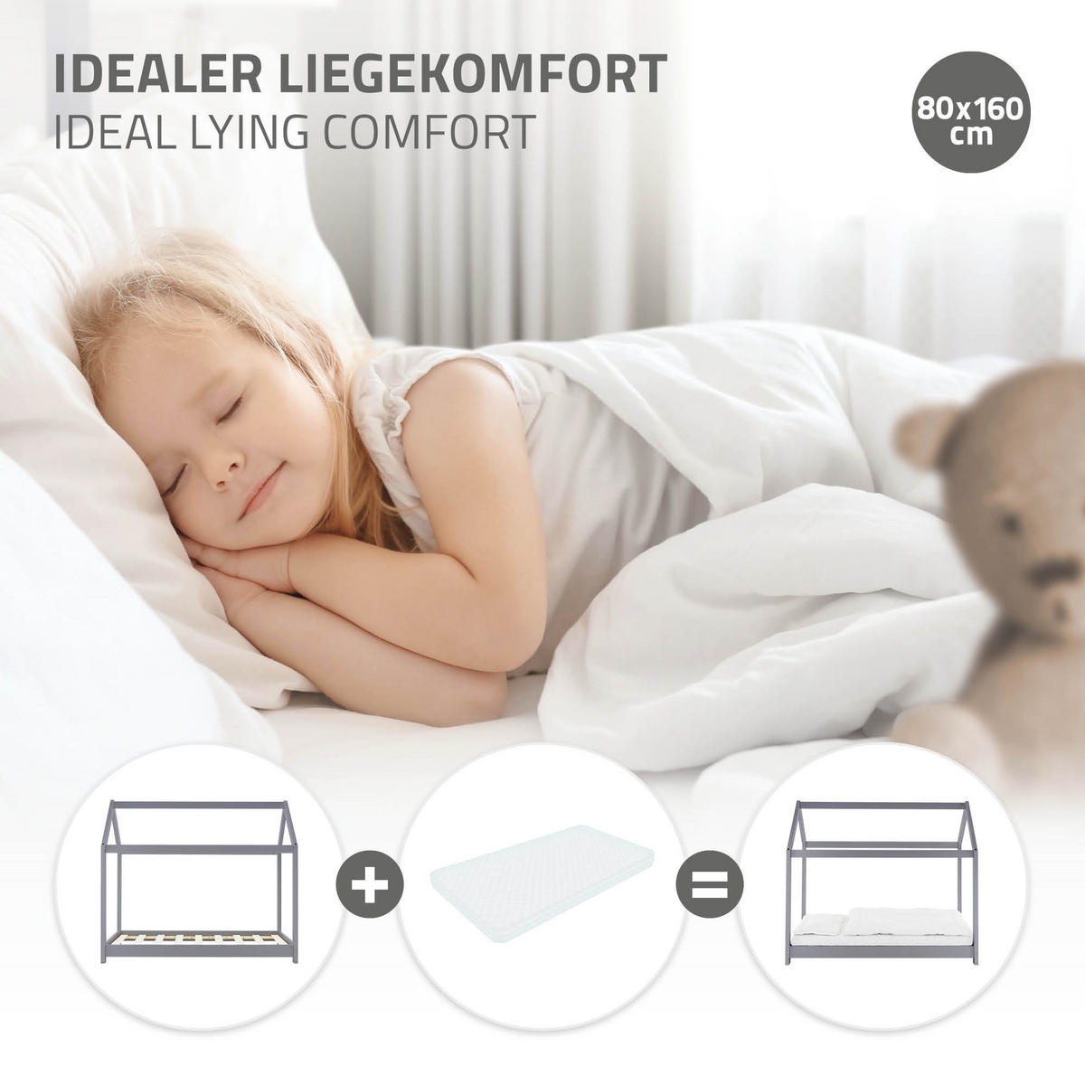 KINDERBETT mit Dach 80x160 cm Hellgrau - Hellgrau, Holz (80/160cm) - ML-DESIGN