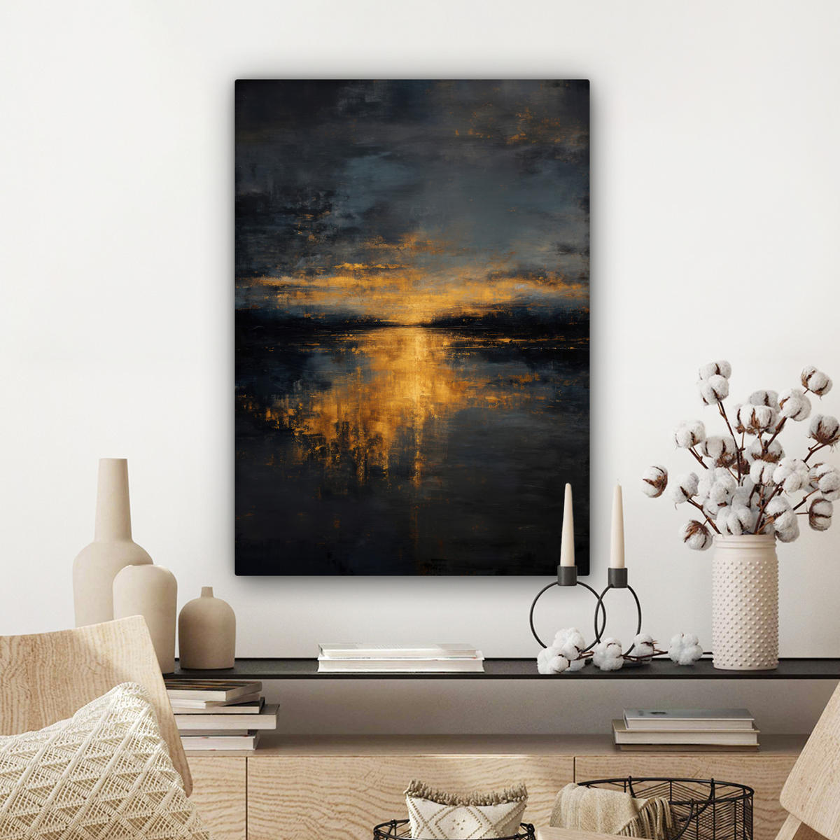 LEINWANDBILD Goldene Reflexion auf dem Wasser Wandbild Wohnzimmer 60x80 cm - Anthrazit, Textil (60/80cm) - MuchoWow