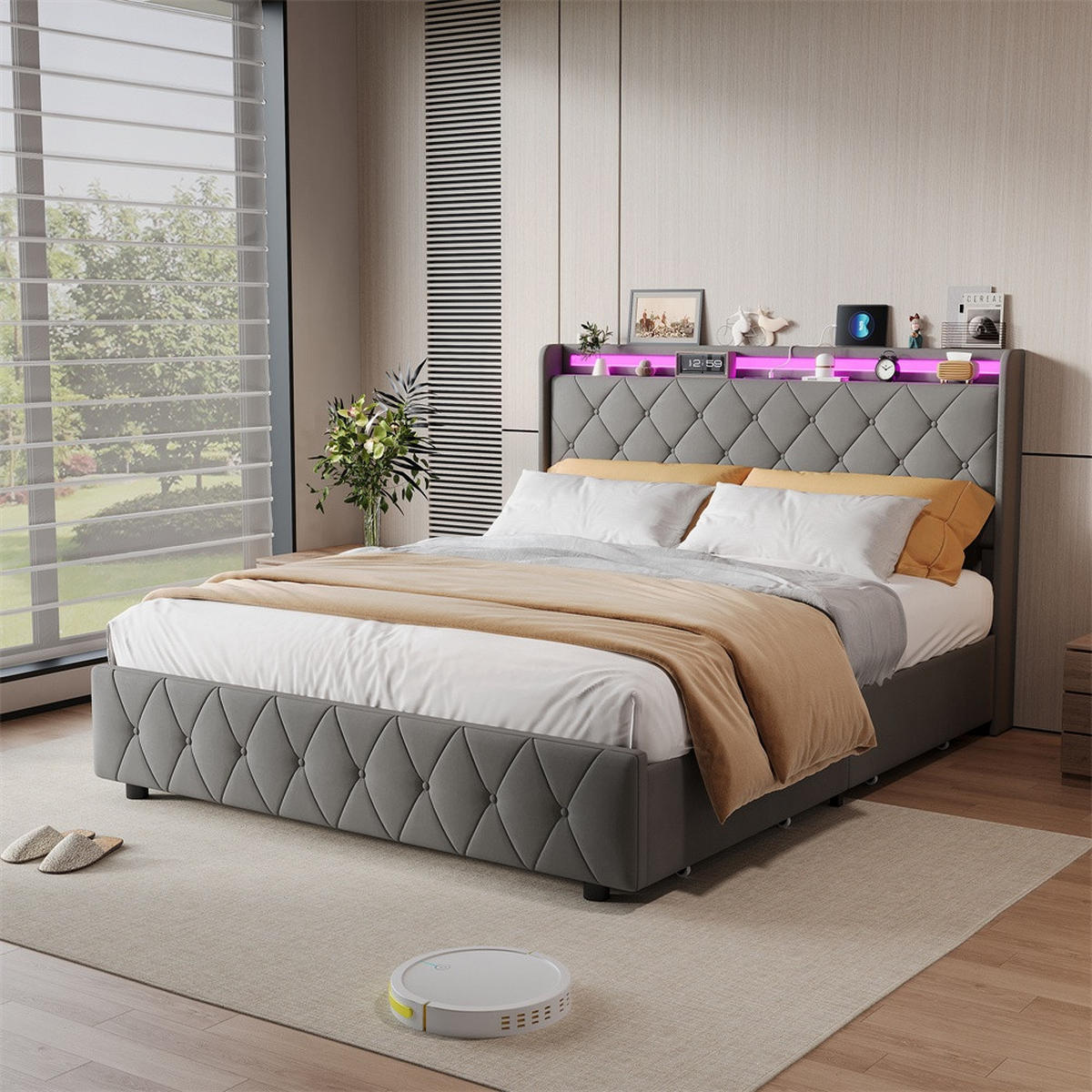 POLSTERBETT 140x200 cm mit 4 Schubladen & LED-Beleuchtung - USB-Anschlüsse - ohne Matratze - Grau - Grau, Textil (140/200cm) - DELFA