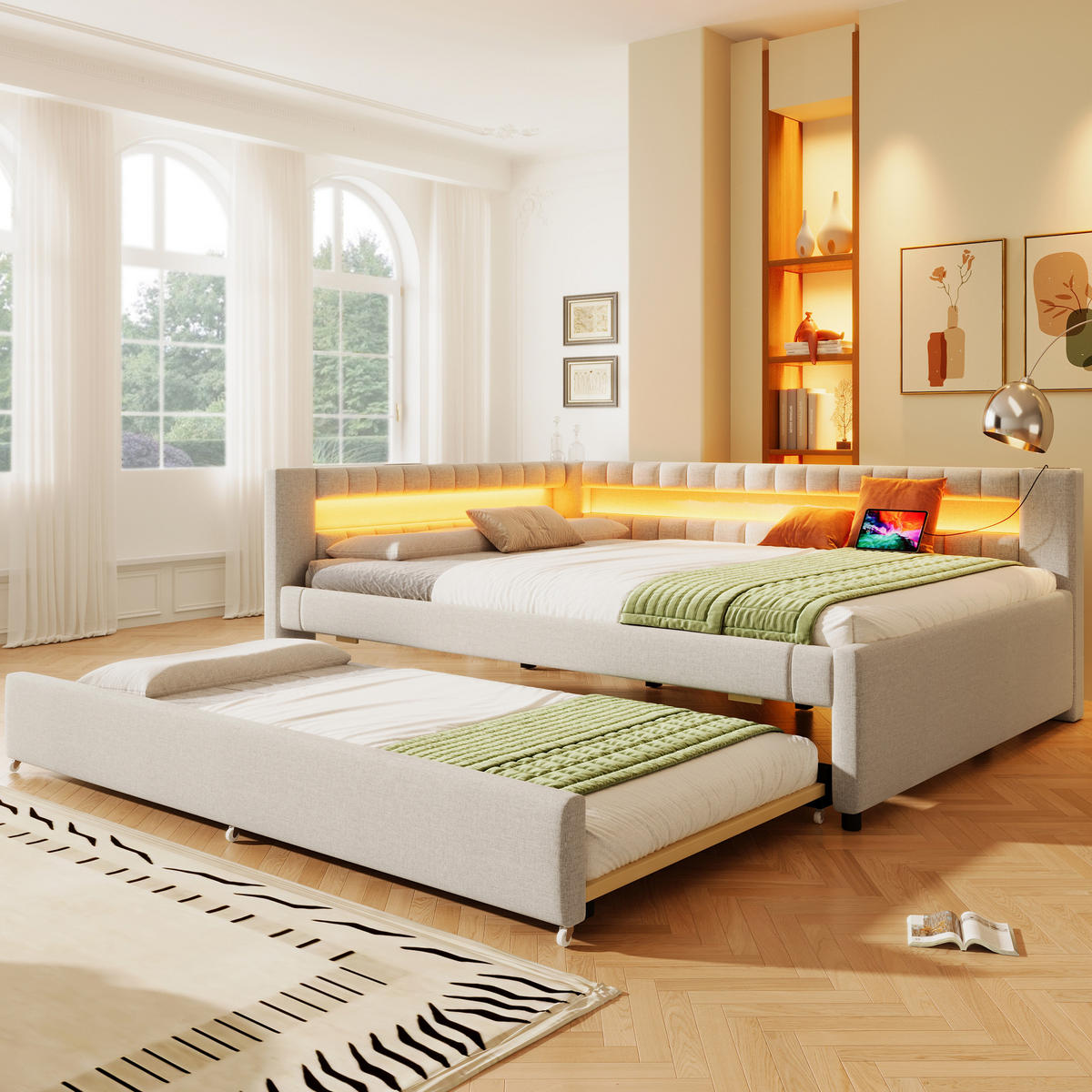 TAGEBETT 140x200cm Beige LED-Licht Ausziehbett USB Leinen - Beige, Holz (140/200cm) - FLIEKS