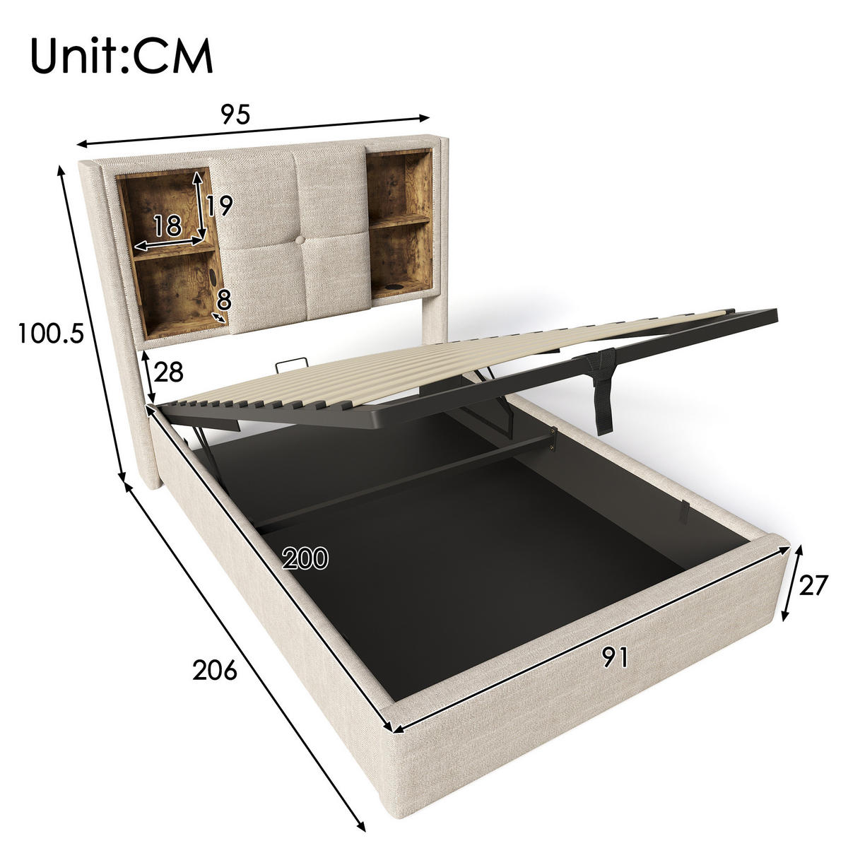 POLSTERBETT 90/200 cm aus Leinen mit kabelloser Ladefunktion, USB-C, Bettkasten und Matratze, Natur - Naturfarben, Textil (90/200cm) - Redom