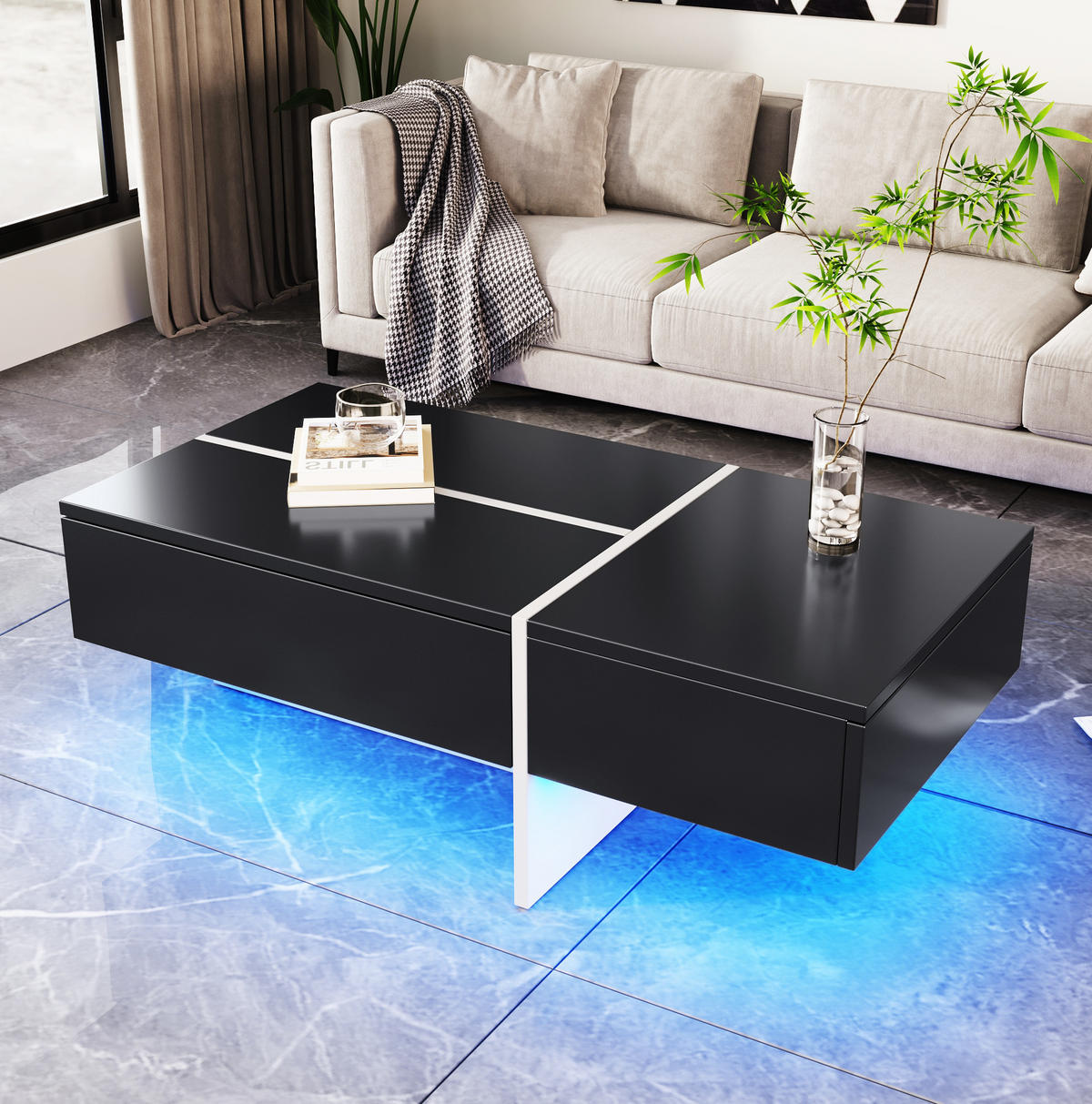 KONFERENČNÍ stolek 100/50/34,5 cm černý z dřevotřísky s LED osvětlením a 3 zásuvkami - černá, kompozitní dřevo (100/50/34.5cm) - OKWISH