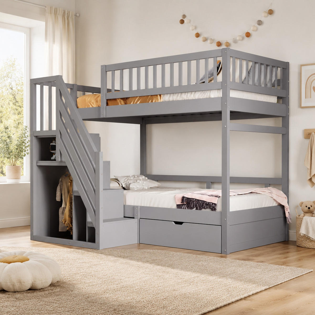 ETAGENBETT 90/200 cm aus Kiefernholz mit Treppe und Stauraum Grau - Grau, Holz (90/200cm) - Modenvie