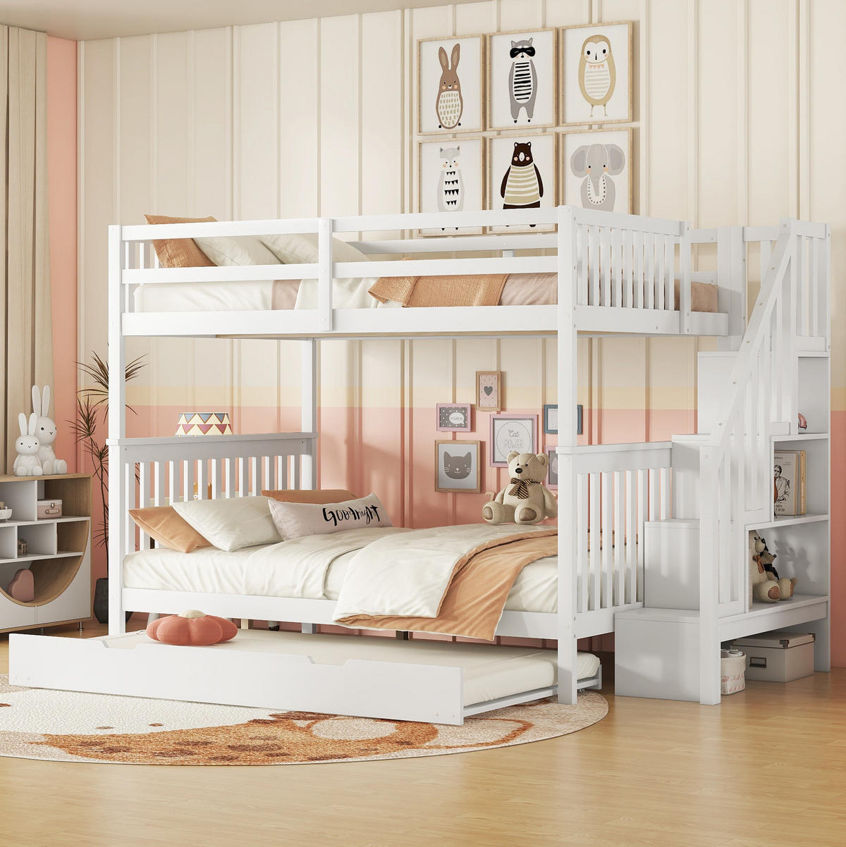 ETAGENBETT 140/200 cm aus Kiefer und MDF mit Treppenregal und ausziehbarem Rollbett Weiß - Weiß, Holz (140/200cm) - Modenvie