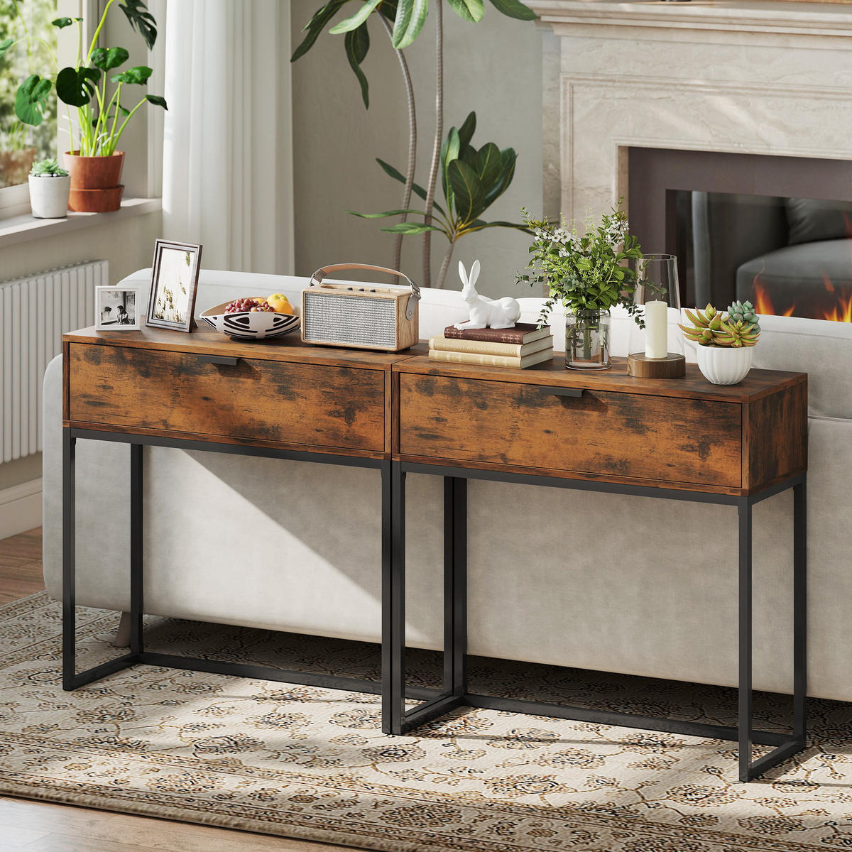 KONSOLENTISCH Flurtisch mit Schublade Stahlrahmen Beistelltisch Rustikal-Braun - Schwarz/Braun, Holzwerkstoff/Metall (80/30/76cm) - HOMCOM