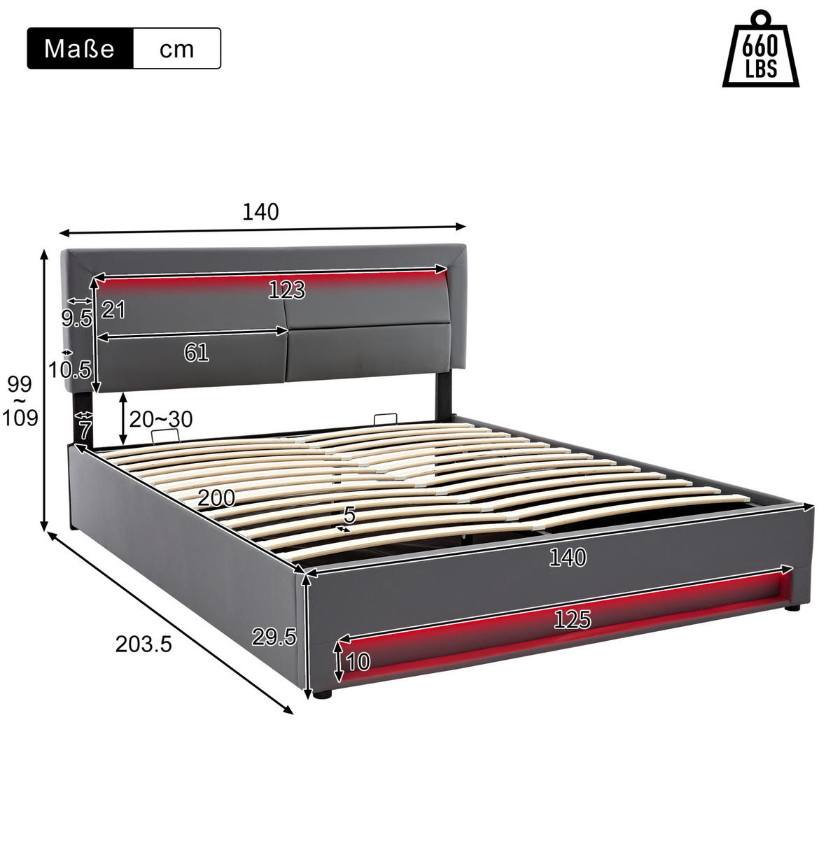 POLSTERBETT 140/200 cm mit Bettkasten, USB & LED-Beleuchtung, PU-Bezug Grau - Grau, Kunststoff (140/200cm) - Redom