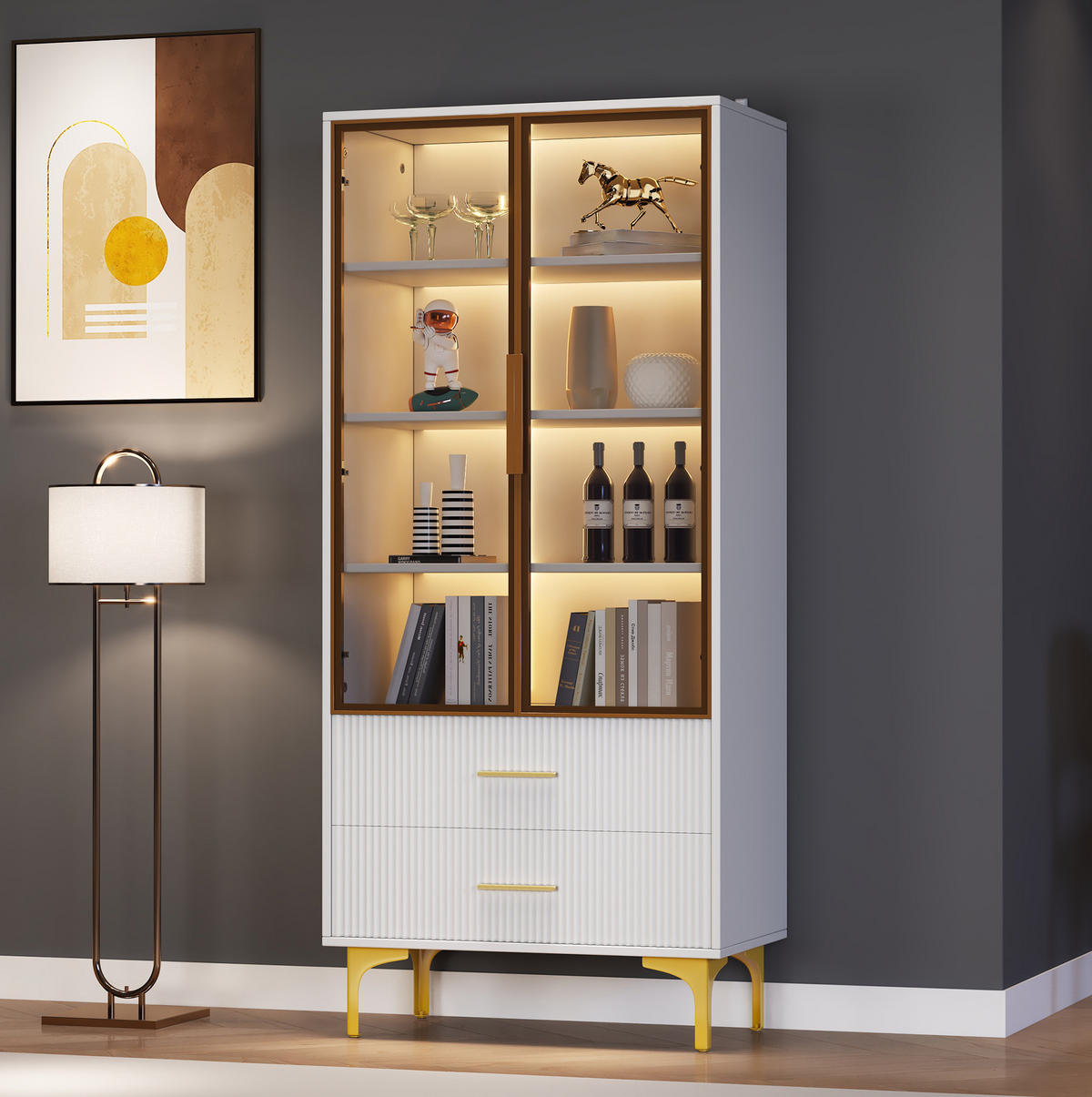 HIGHBOARD mit Glastüren 70/35/150 cm in Weiß mit LED und 2 Schubladen - Weiß, Holzwerkstoff (70/150/35cm) - BEAOK