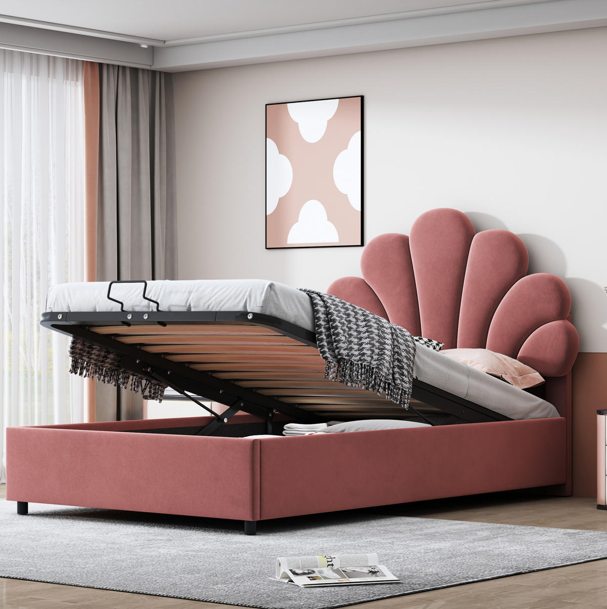 BETT mit hydraulischem Stauraum 90x200 cm Samt Rosa - Rot, Metall (90/200cm) - Beauniv
