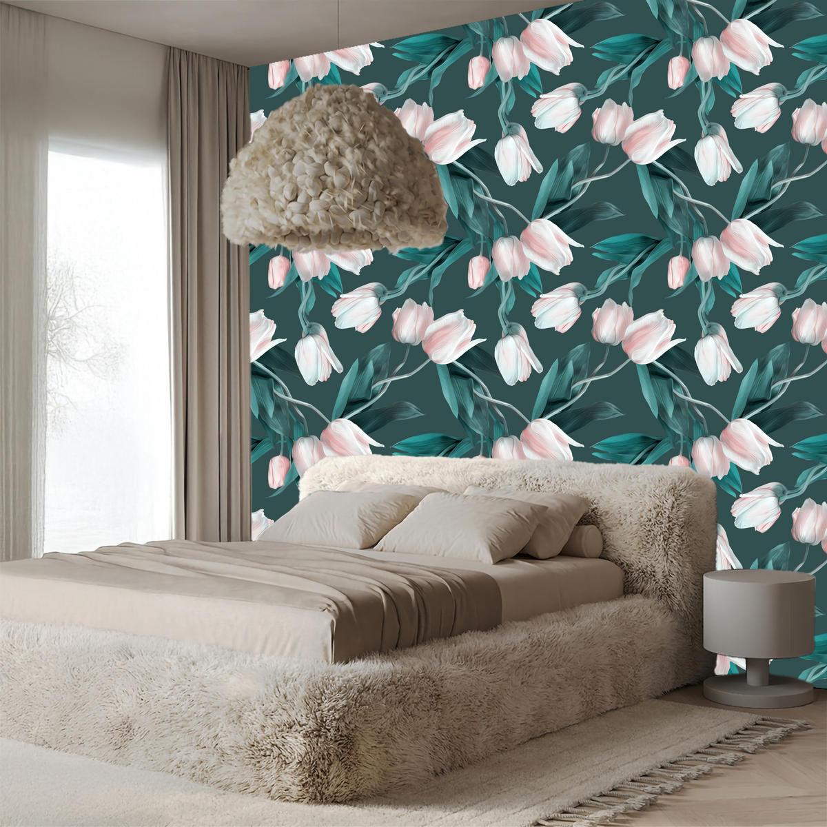 VLIESTAPETE Tulpen in 3D-Optik – Rosa, Petrol – 50x1000 cm - Petrol/Rosa, Papier (50/1000cm) - Muralo