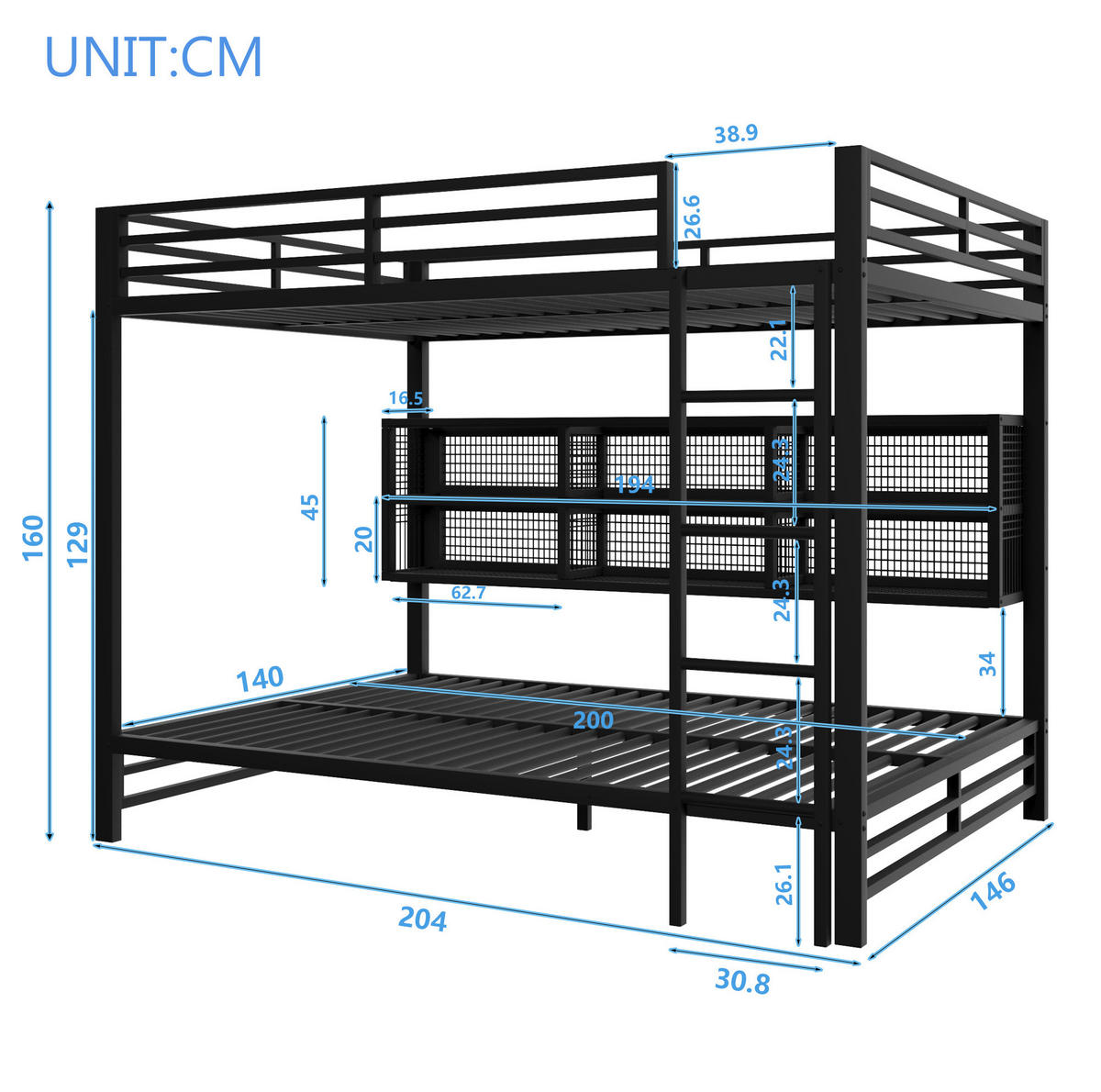 ETAGENBETT 140/200 cm Schwarz mit 6 Stauraumschränken und LED - Schwarz, Metall (140/200cm) - MIVRAY
