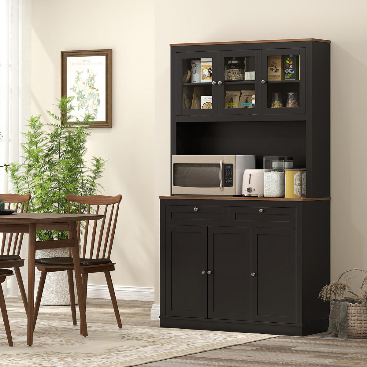 BUFFET DE-11213 6 Türen & 2 Schubladen mit Arbeitsplatte Schwarz - Schwarz, Holzwerkstoff (40/180/100cm) - ComfortXL