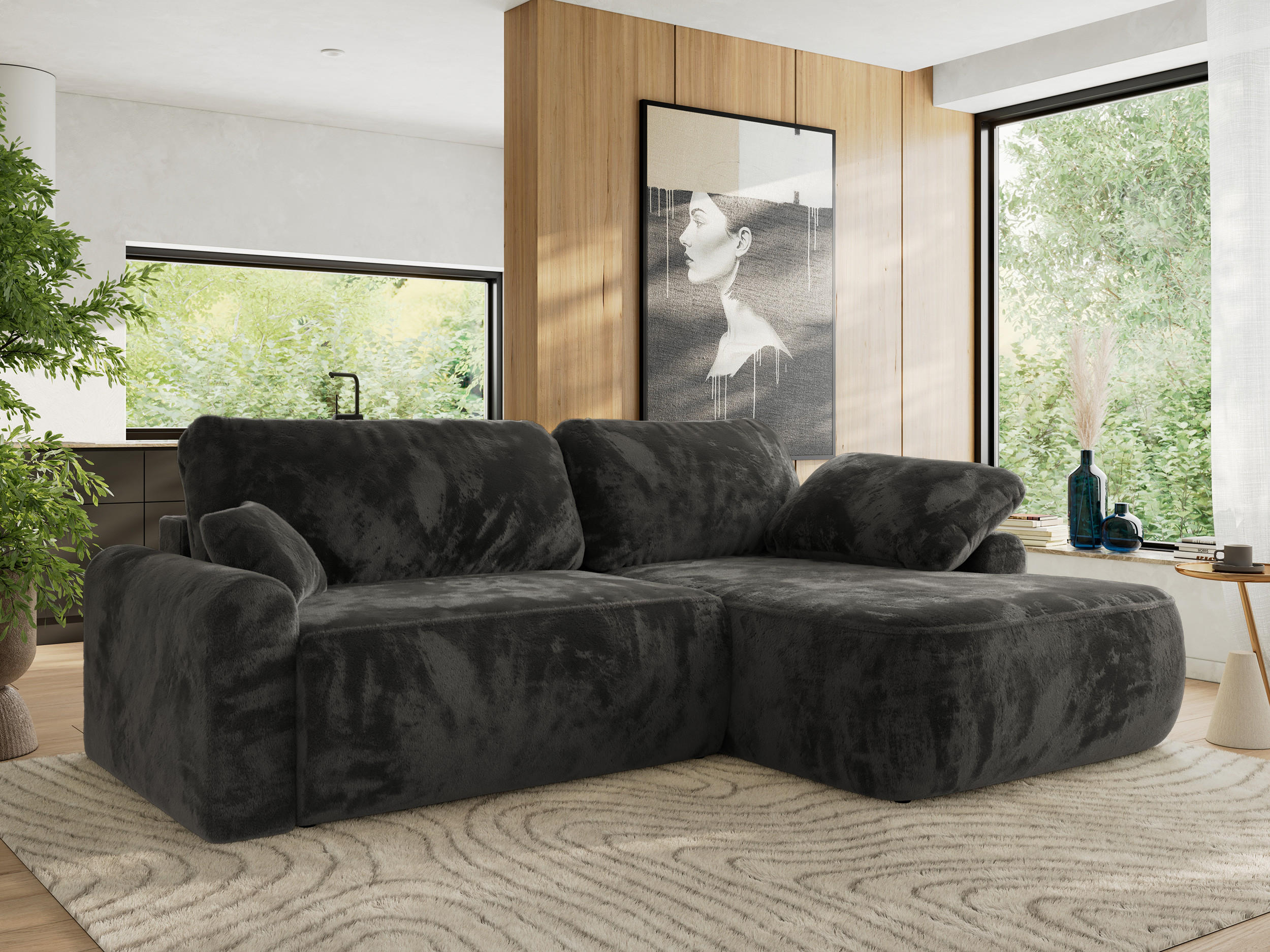 ECKSCHLAFSOFA CUBO L Dunkelgrau Plüsch - rechts - Dunkelgrau/Schwarz, Kunststoff/Textil (187/273cm) - MKS