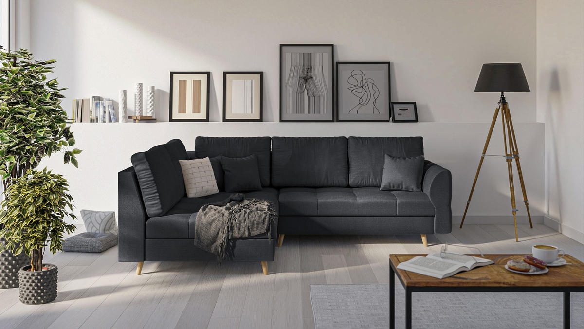 ECKSOFA MIT HOCKER Lorine Mikrofaser Anthrazit - Hellbraun/Anthrazit, Buchenholz/Textil (231/161cm) - S-Style Möbel