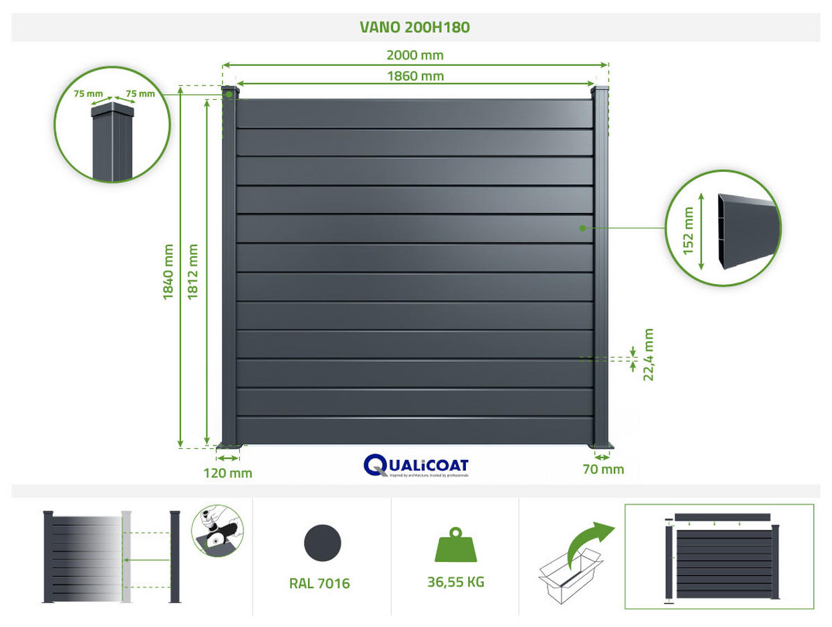 SICHTSCHUTZZAUN VANO aus Aluminium mit Lamellen 6 m x 180 cm, Grau - Grau, Metall (600/184cm) - Casanoov