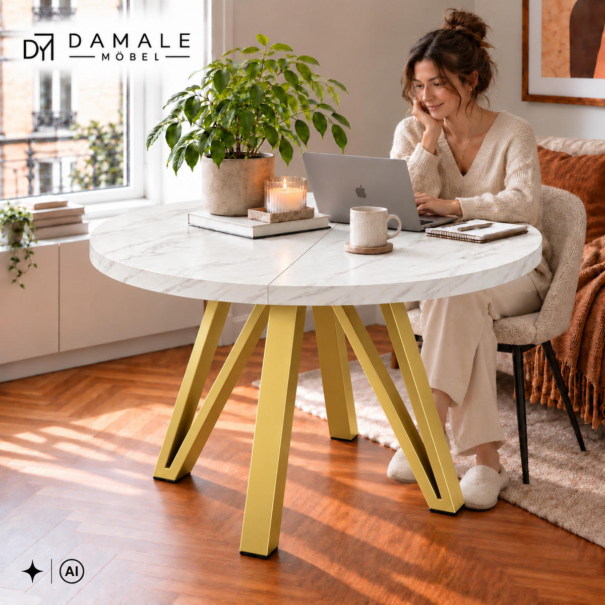 ESSTISCH rund ausziehbar 100/200/76 cm, Marmor, 54 cm Tischplatte + Industrial Metallgestell Gold - Goldfarben/Hellgrau, Holzwerkstoff/Metall (100/200/76cm) - Damale Möbel
