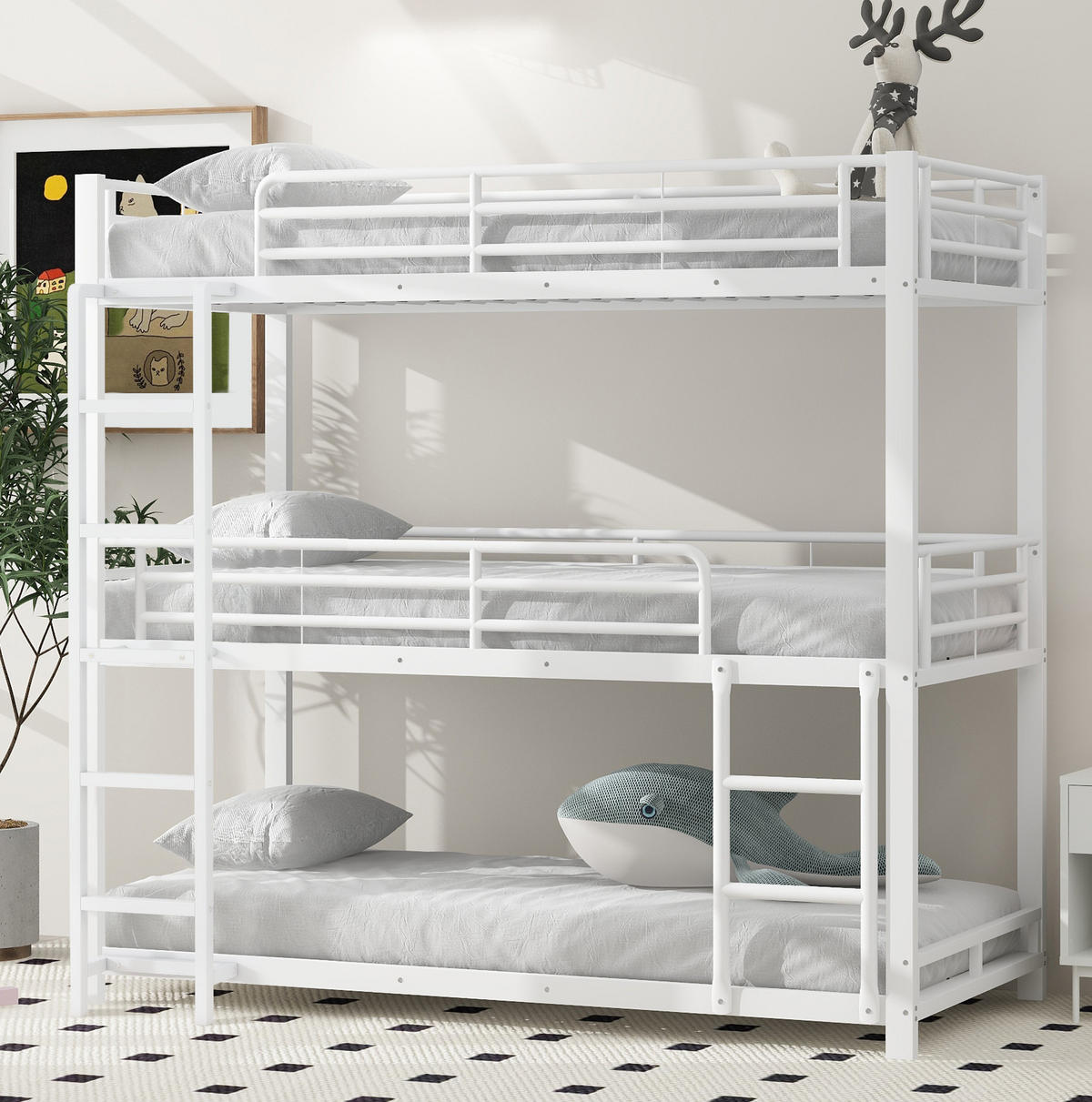 ETAGENBETT aus Metall 90x200 cm Weiß als Dreifach-Etagenbett mit Leiter und Sicherheitsgeländern - Weiß, Metall (90/200cm) - Modfu