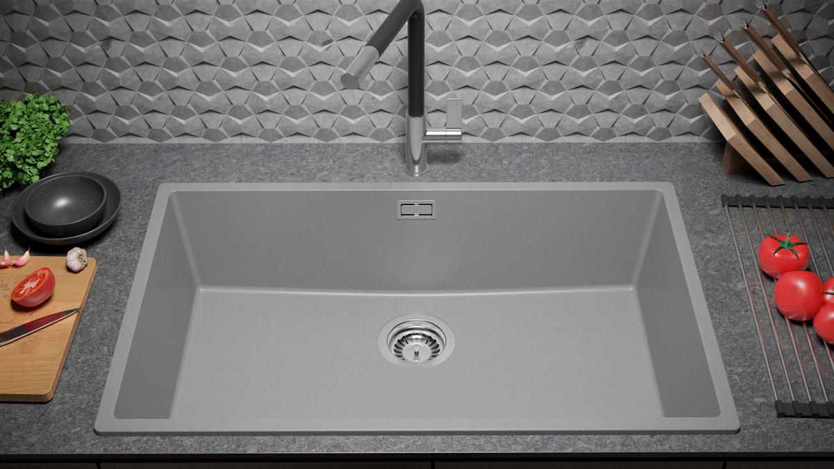GRANITSPÜLE London Slim, 2-er set Grau 76/47 cm 1 Becken + Küchenarmatur 38/14 cm + Ablauf-Set ab 80er Unterschrank - Chromfarben/Grau, Kunststoff (76/20/47cm) - Primagran