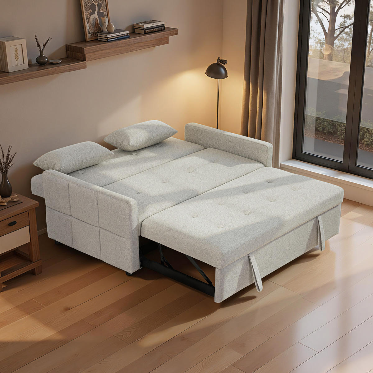 SCHLAFSOFA 2-Sitzer DE-14651 3-in-1 mit 3-fach verstellbarer Lehne Hellbraun - Braun, Textil (158/85/85cm) - ComfortXL