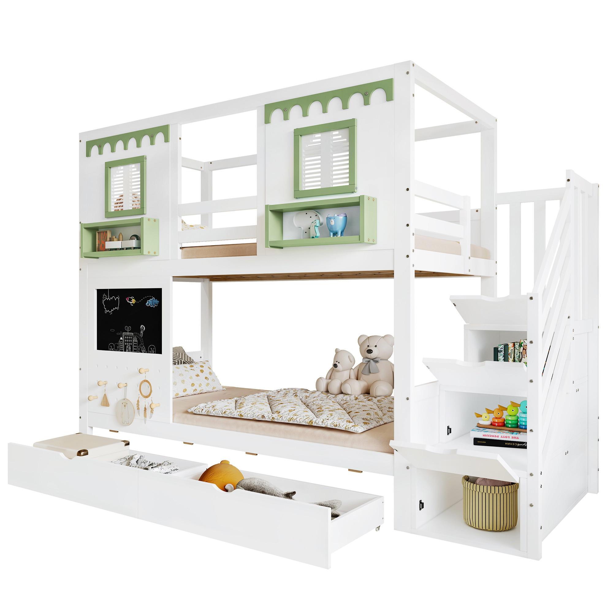 STILVORA ETAGENBETT 90/200 cm in Weiß & Grün Kinderbett mit 2 Schubladen, Treppenregal und Lochwand