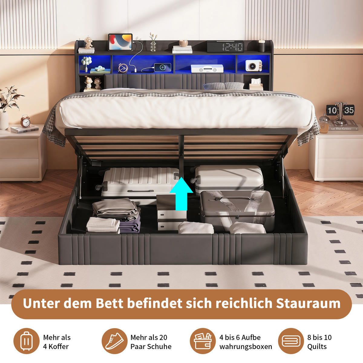 POLSTERBETT 140x200 cm Dunkelgrau Leinen mit Bettkasten, Hydraulik, LED RGB & USB Steckdose - Schwarz, Holz - SHOPENTRA