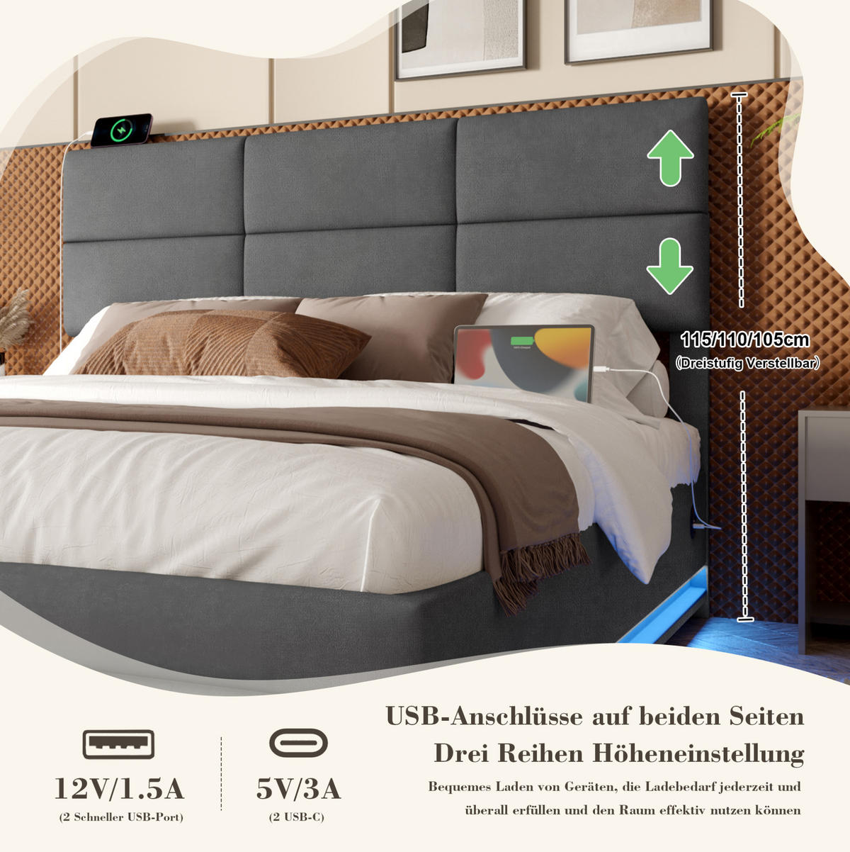 POLSTERBETT 140/200 cm mit LED-Beleuchtung, USB-Anschlüssen, hydraulischem Stauraum und verstellbarem Kopfteil, Dunkelgrau - Dunkelgrau, Textil (140/200cm) - Redom