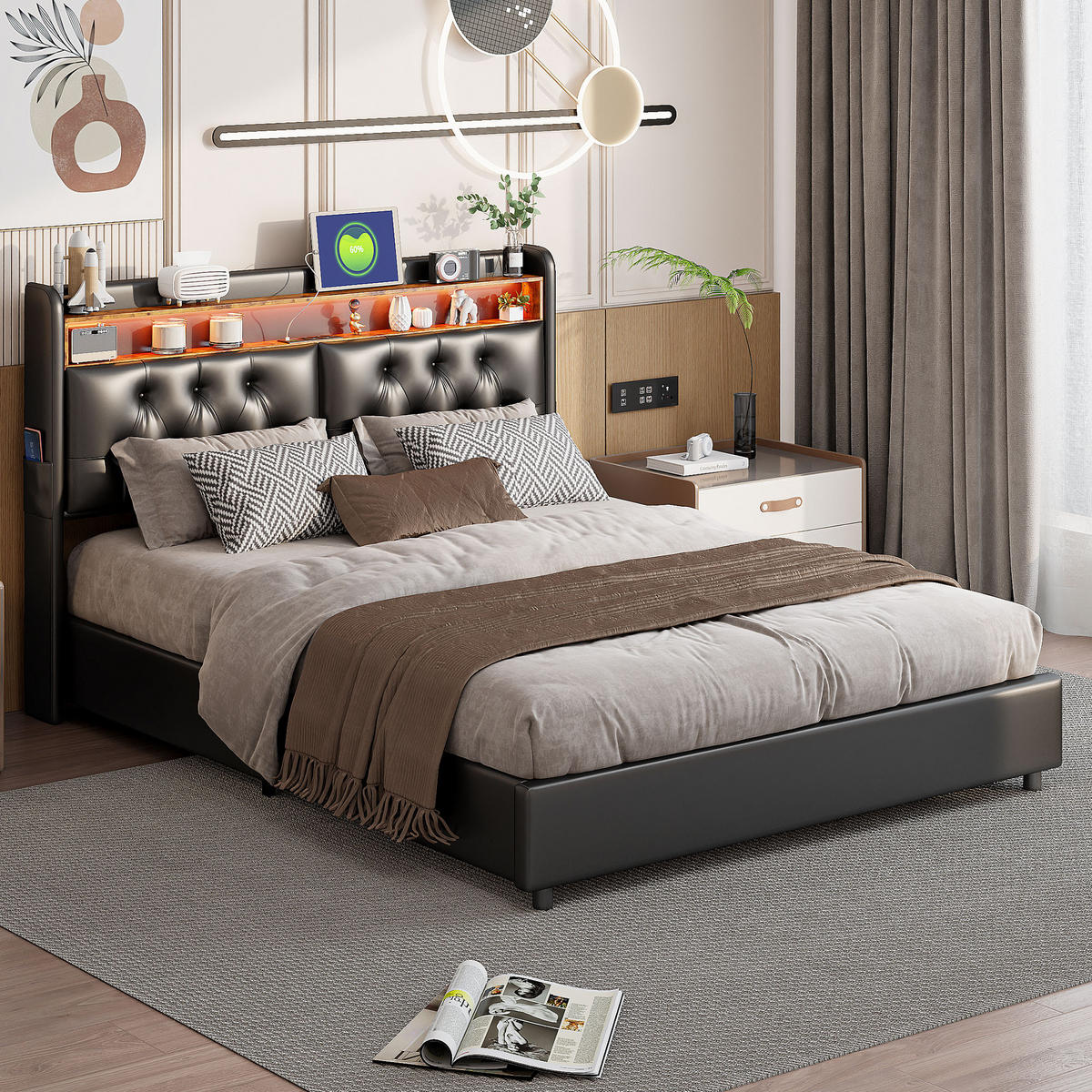 POLSTERBETT 180x200 cm, Schwarz, LED-Beleuchtung und Steckdosen - Schwarz, Textil/Metall (180/200cm)