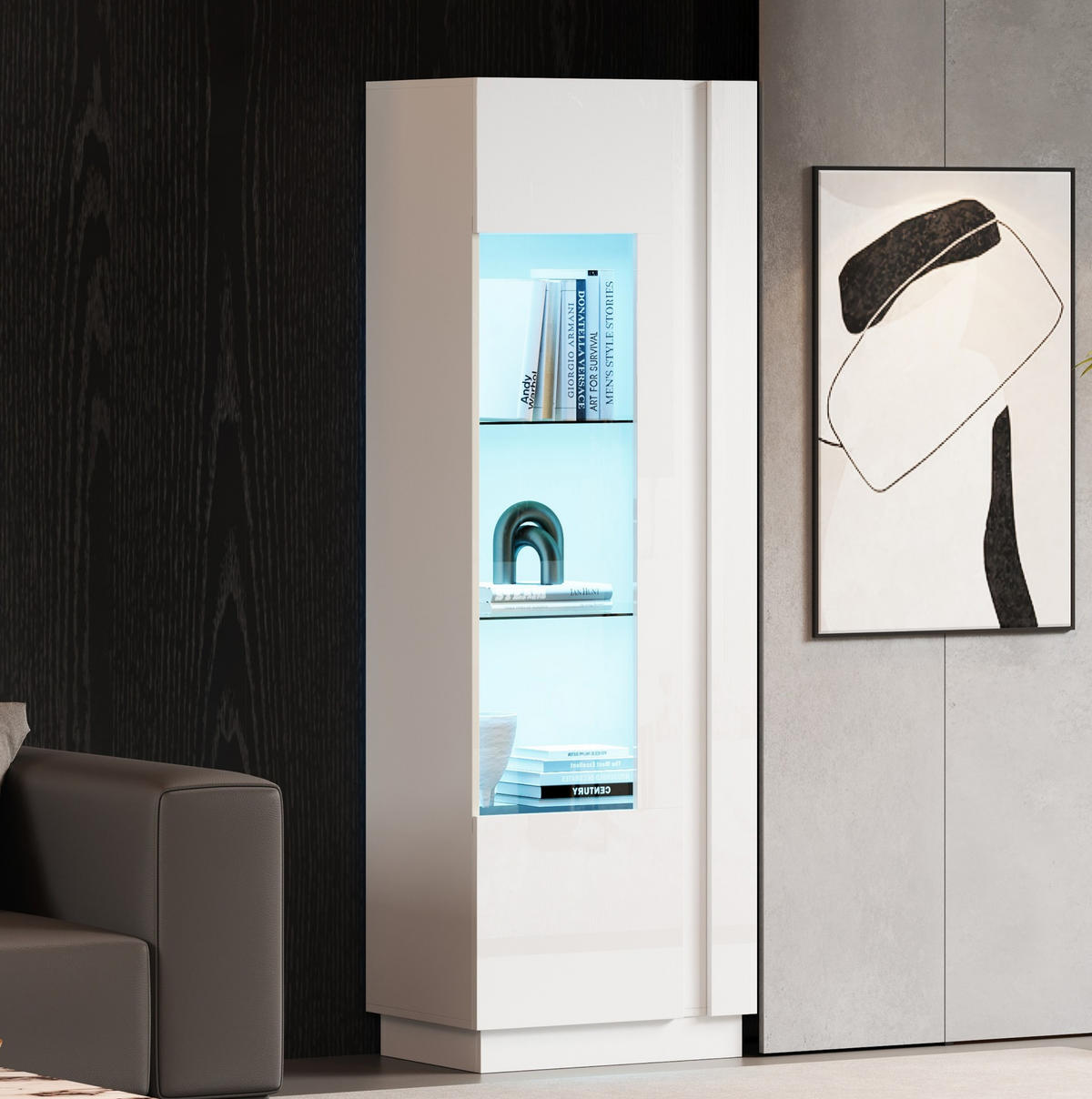 VITRINE 60/40/180 cm mit LED-Beleuchtung, Acrylfront und Hochglanz, Weiß - Weiß, Holzwerkstoff (60/180/40cm) - Redom