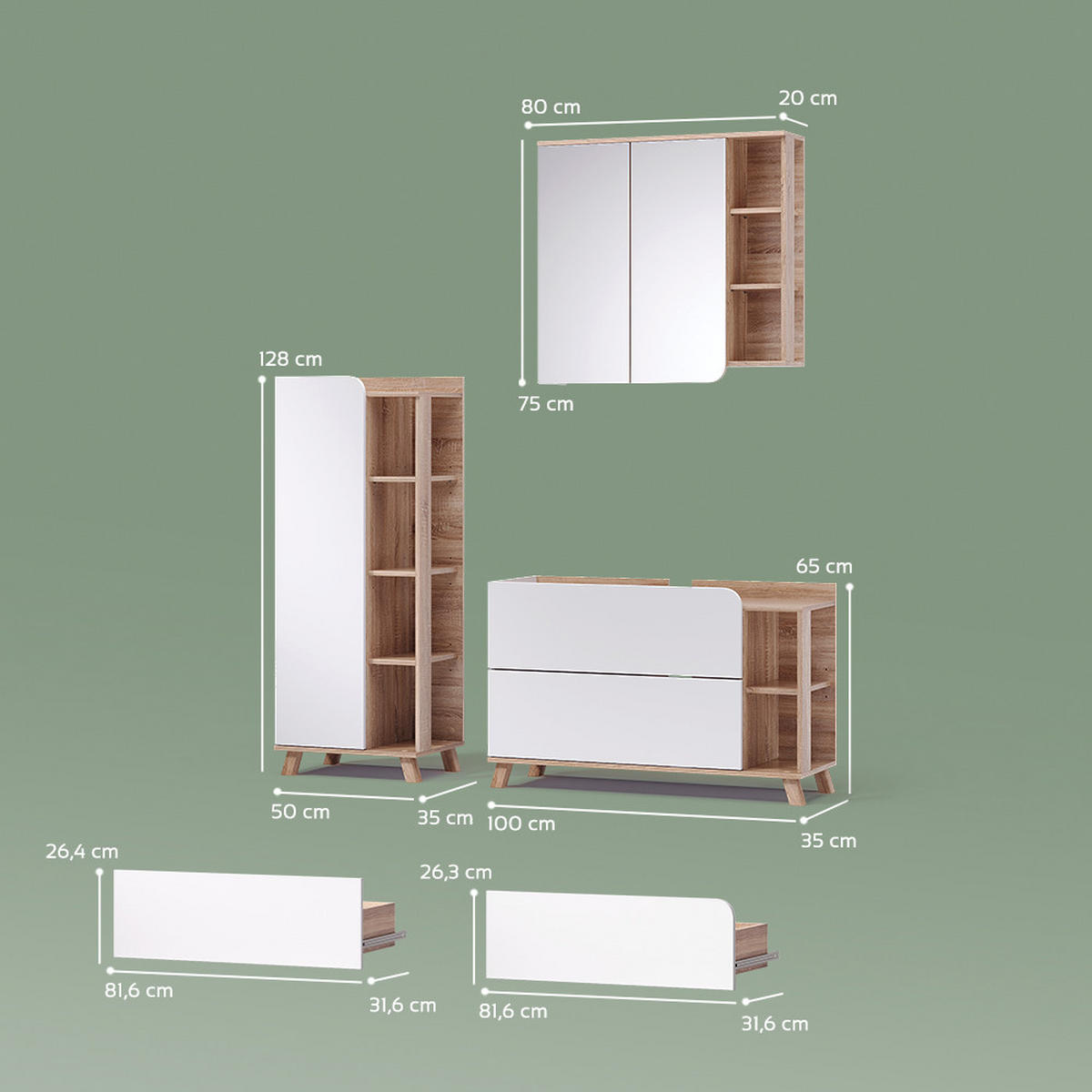 KOMPLET KOPALNIŠKEGA POHIŠTVA Marano, Sonoma/Bela, 3-delni - bela/hrast sonoma, leseni material (100/65/35cm) - Livinity®