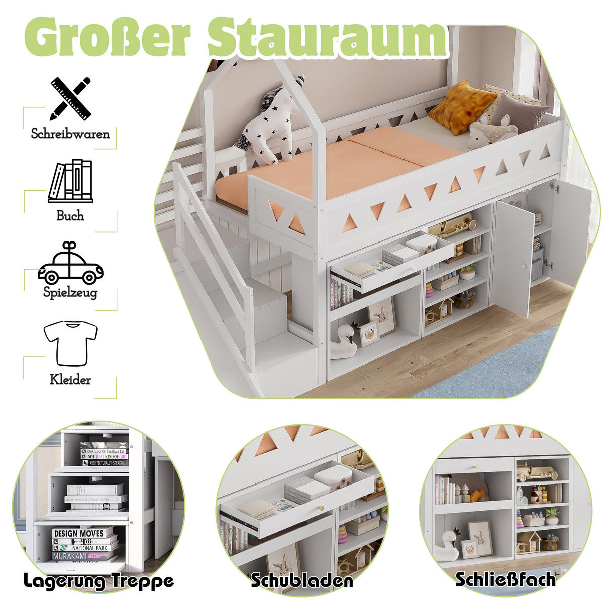 KINDERBETT 90/200 cm mit Rutsche, Treppe, Schubladen und Stauraum, Massivholz, Weiß - Weiß, Holz (90/200cm) - Redom